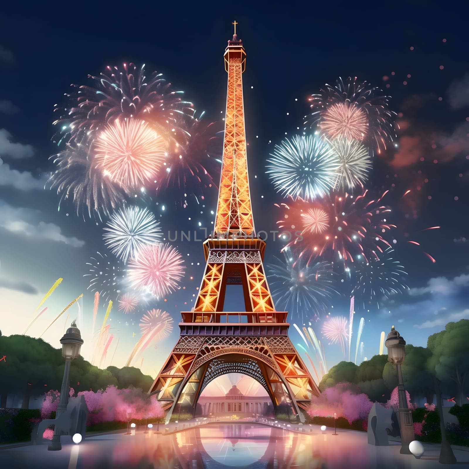 Illustration, explosions, fireworks over eiffel tower. New Year's fun and festivities. by ThemesS