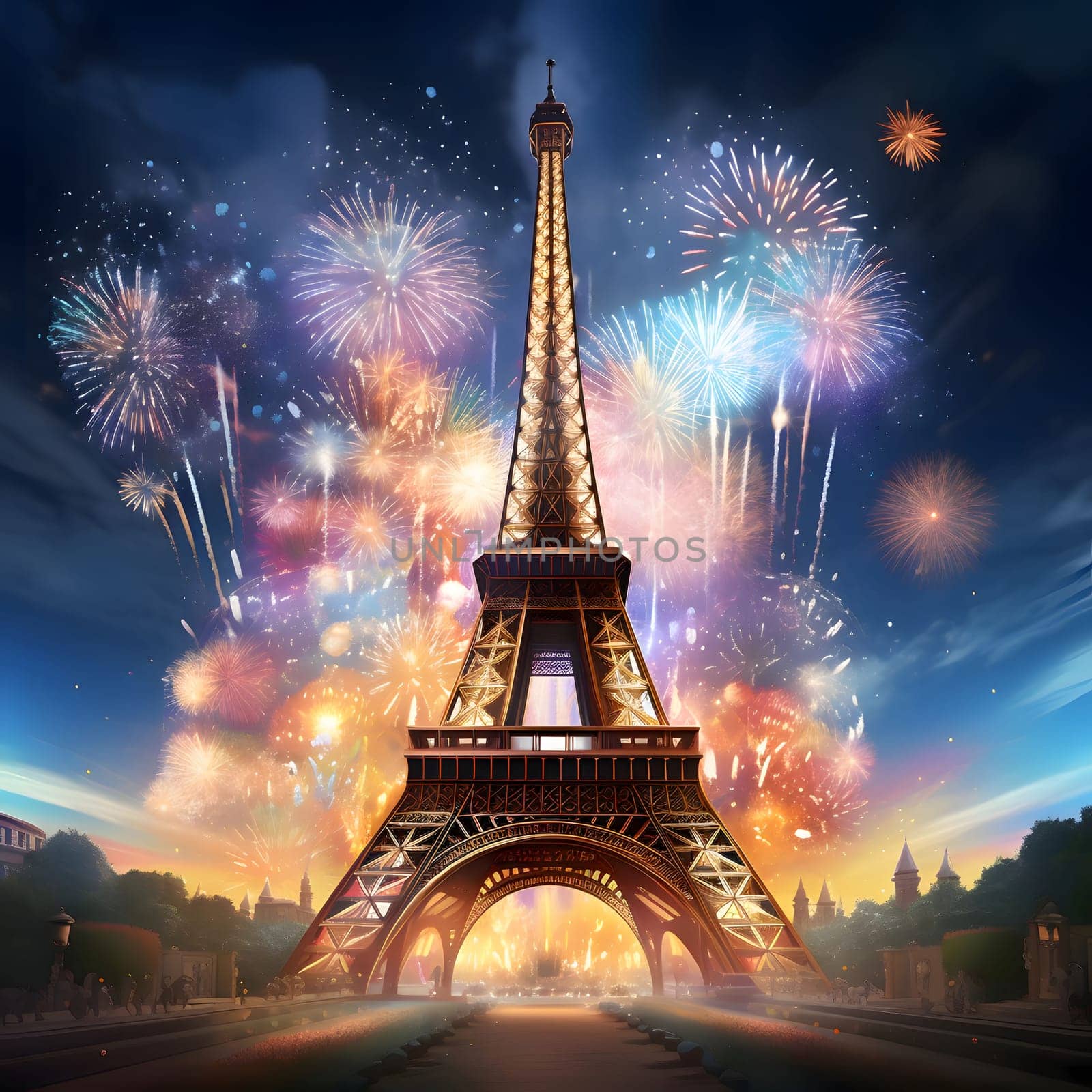 Illustration, explosions, fireworks over eiffel tower. New Year's fun and festivities. by ThemesS