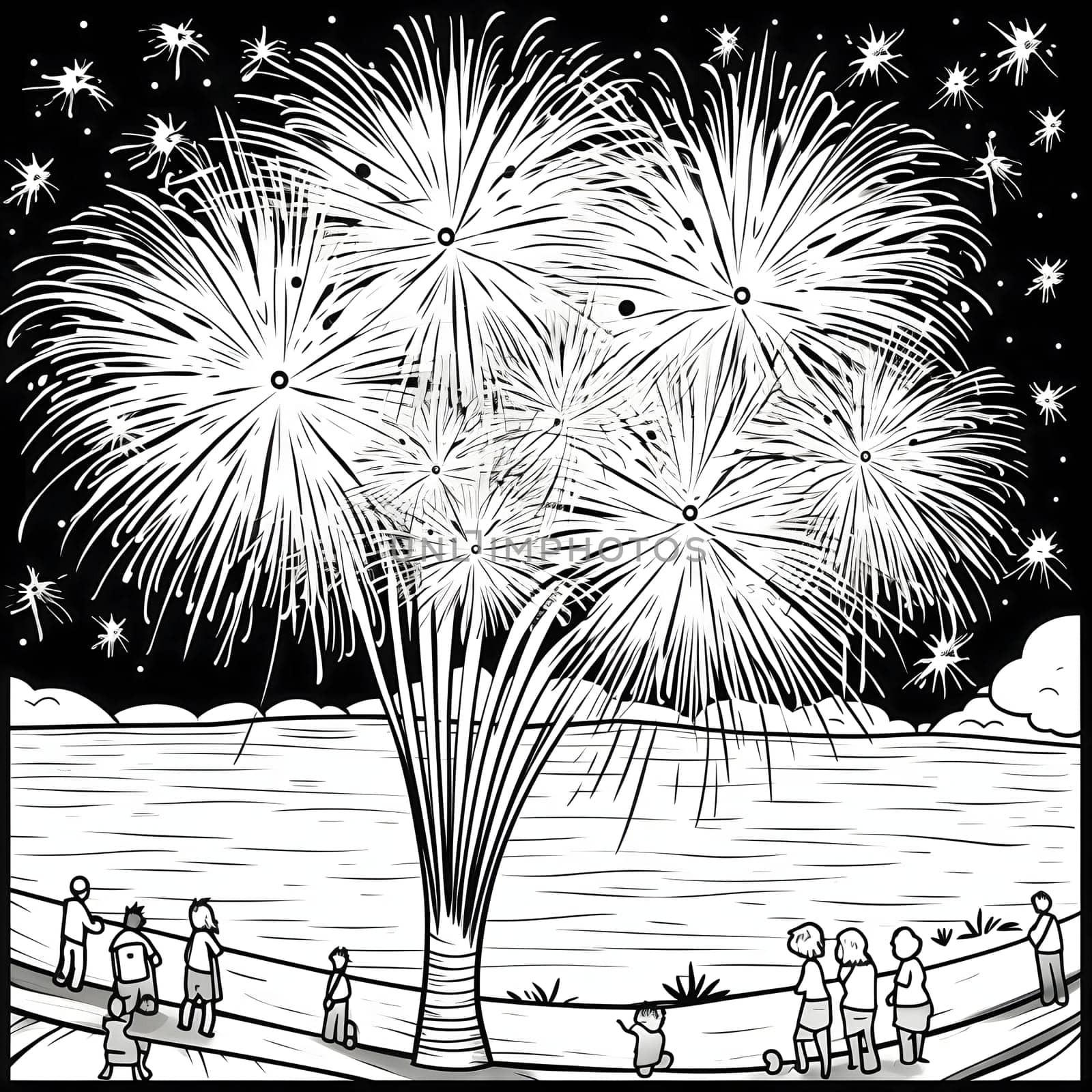 Residents watching the fireworks show. Black and white coloring sheet. New Year's fun and festivities. A time of celebration and resolutions.