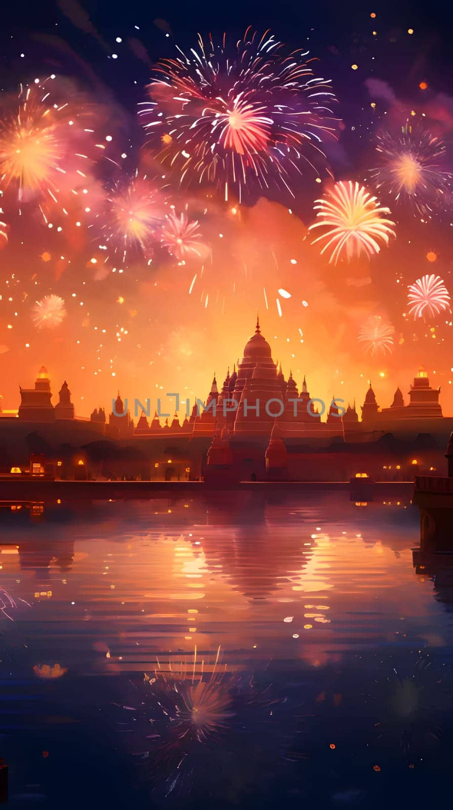 Great temple all around water boat and fireworks in the sky. New Year's fun and festivities. A time of celebration and resolutions.