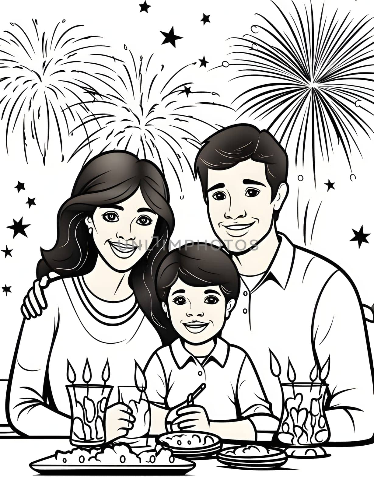 Happy family at the table in the background fireworks, black and white coloring sheet. New Year's fun and festivities. A time of celebration and resolutions.