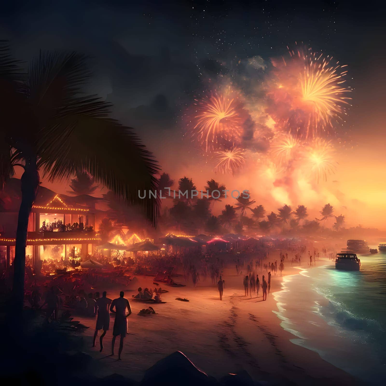 Illustration of locals watching a fireworks show on the beach. New Year's fun and festivities. by ThemesS