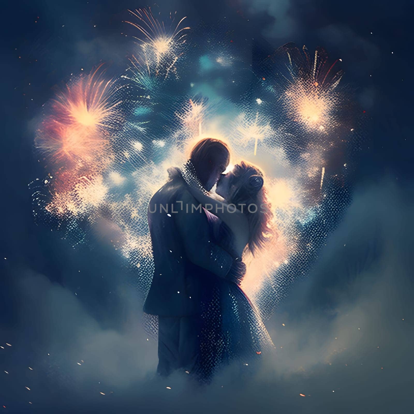 Kissing couple on the background of fireworks, illustration, paint. New Year's fun and festivities. A time of celebration and resolutions.