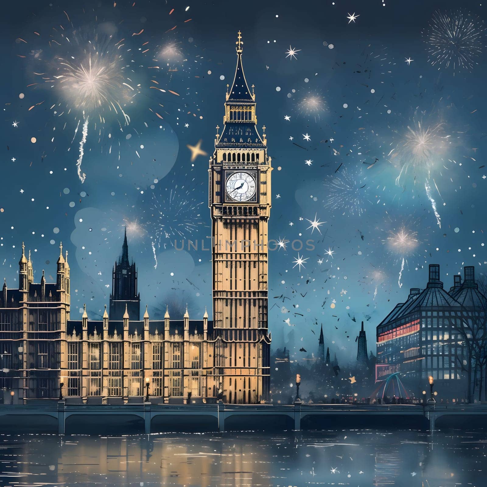 Big Ben, Buckingham Palace and fireworks and confetti launches at night. Illustration. New Year's fun and festivities. by ThemesS