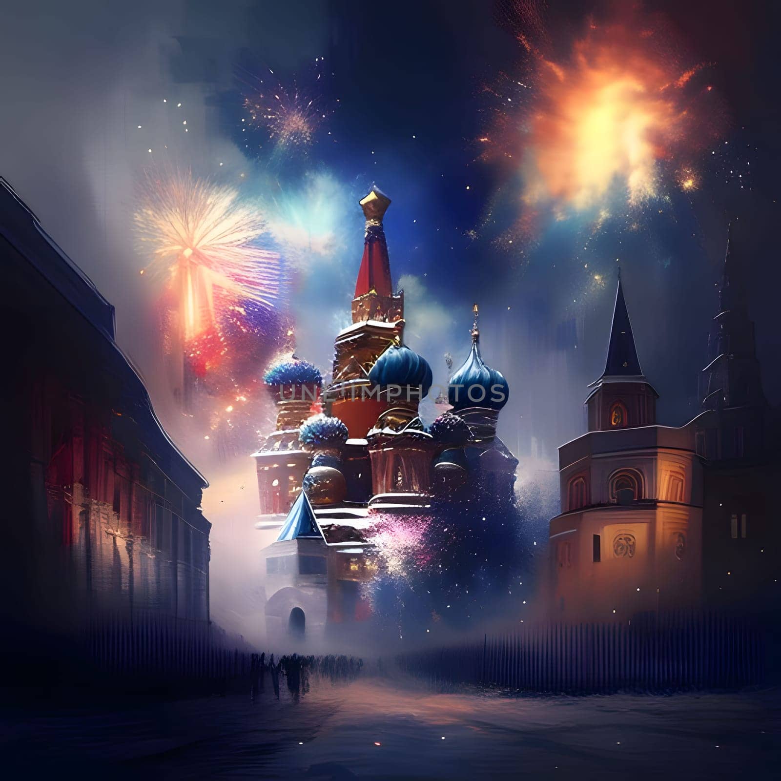 Russia and a fireworks show at night. New Year's fun and festivities. by ThemesS