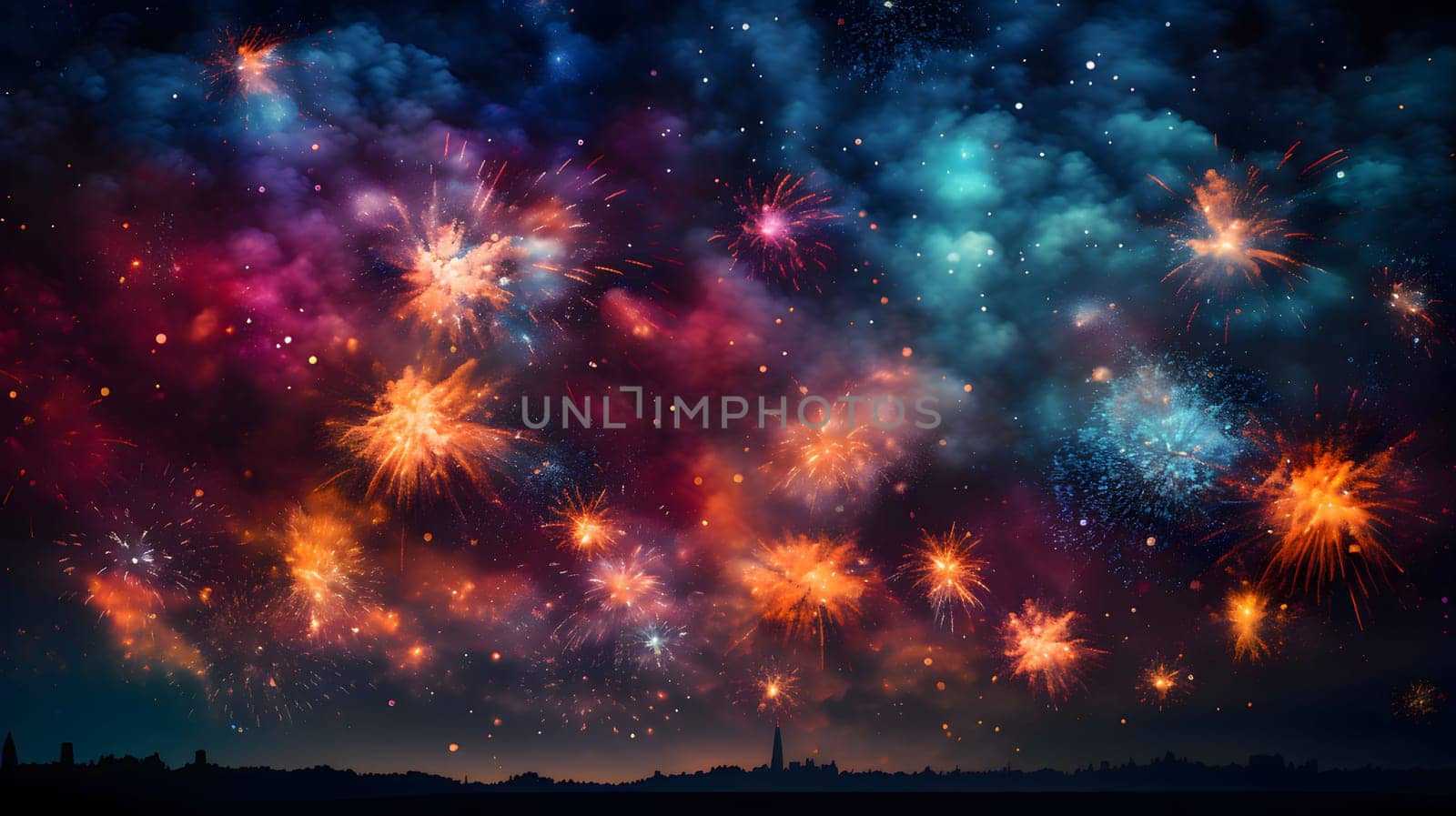 Colorful fireworks, explosion in the night sky and sunset, high skyscrapers in the background. New Year's fun and festivities. A time of celebration and resolutions.