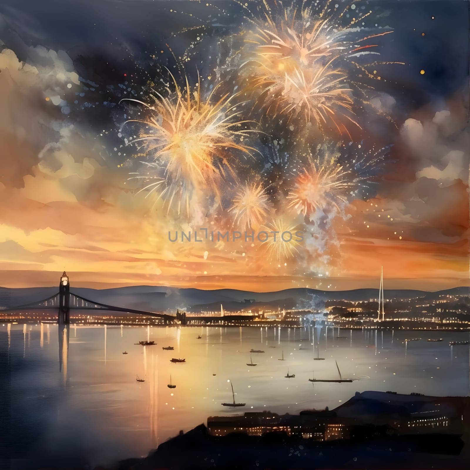Illustration, fireworks show in the night sky bridge and floating boats. New Year's fun and festivities. A time of celebration and resolutions.