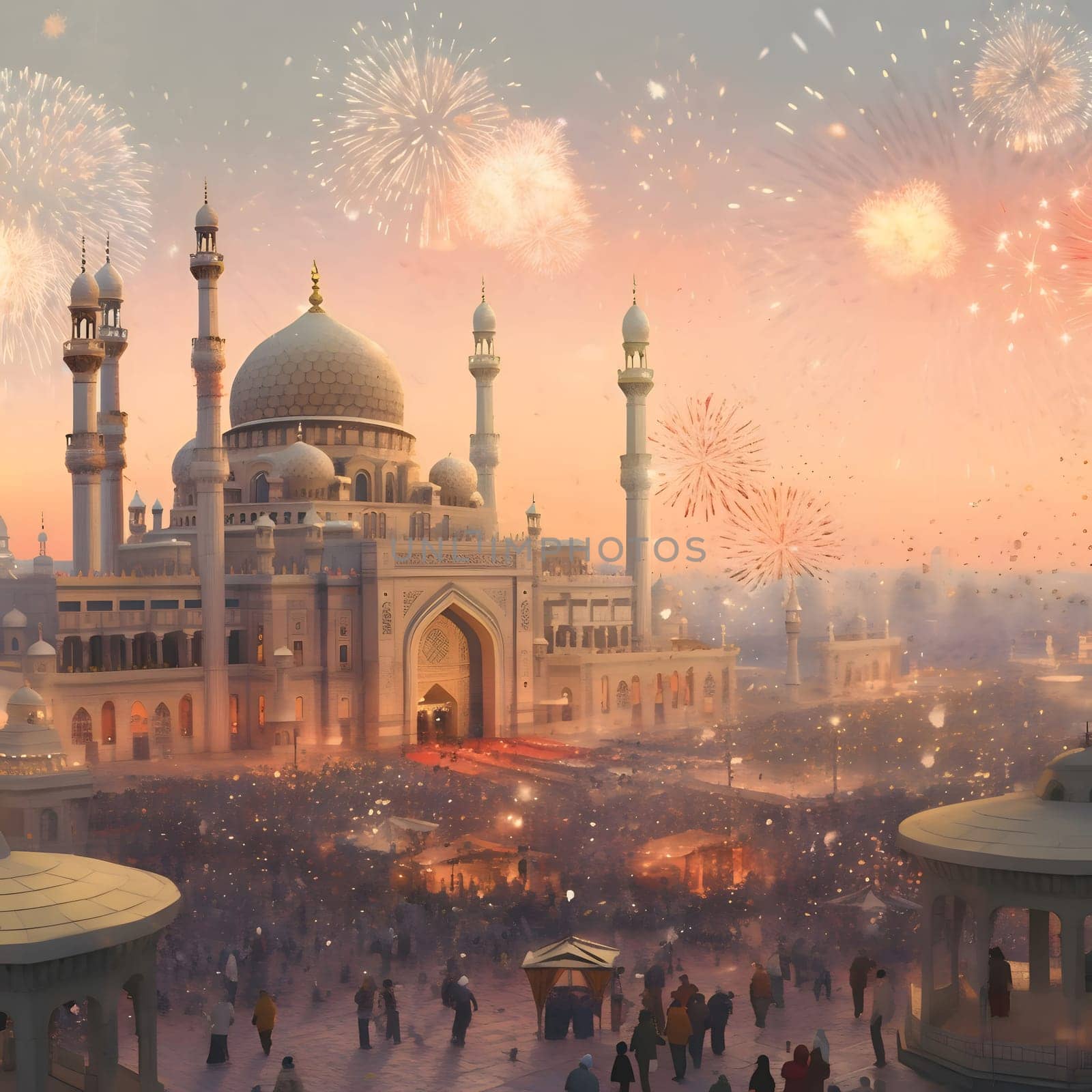 A large mosque, people gathered and a fireworks display. New Year's fun and festivities. A time of celebration and resolutions.