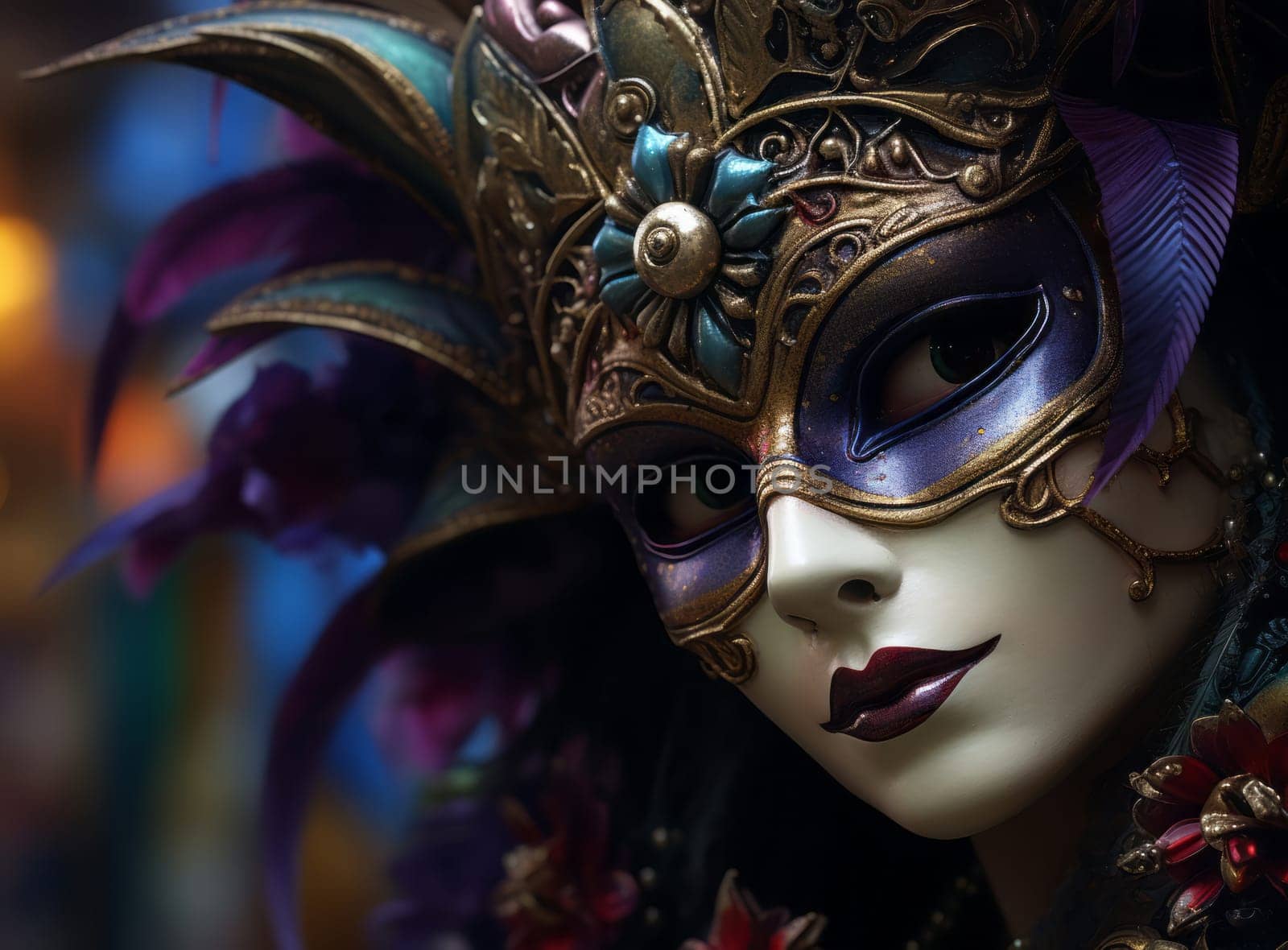 Close up of a colorful and ornate Venetian carnival mask with a blurred background. by sfinks