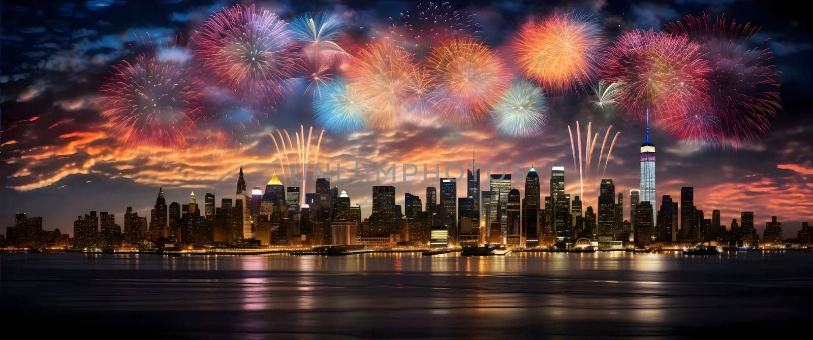 High city skyscrapers, river all around, colorful fireworks show. New Year's Eve background, banner with space for your own content.