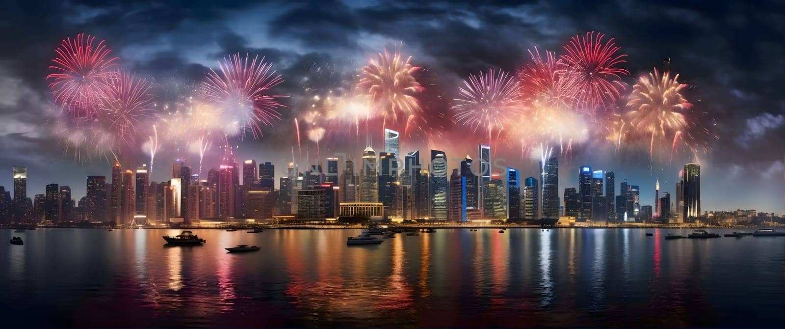 High city skyscrapers, river all around, colorful fireworks show. New Year's Eve background, banner with space for your own content. by ThemesS