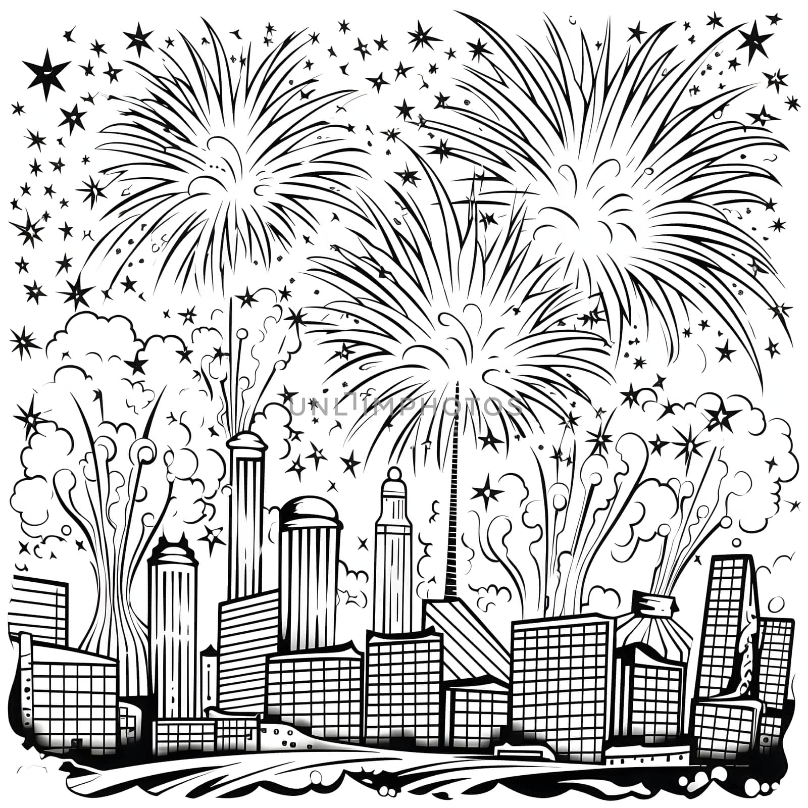 Urban skyscrapers and fireworks shooting in the sky. Black and White coloring sheet. New Year's fun and festivities. A time of celebration and resolutions.