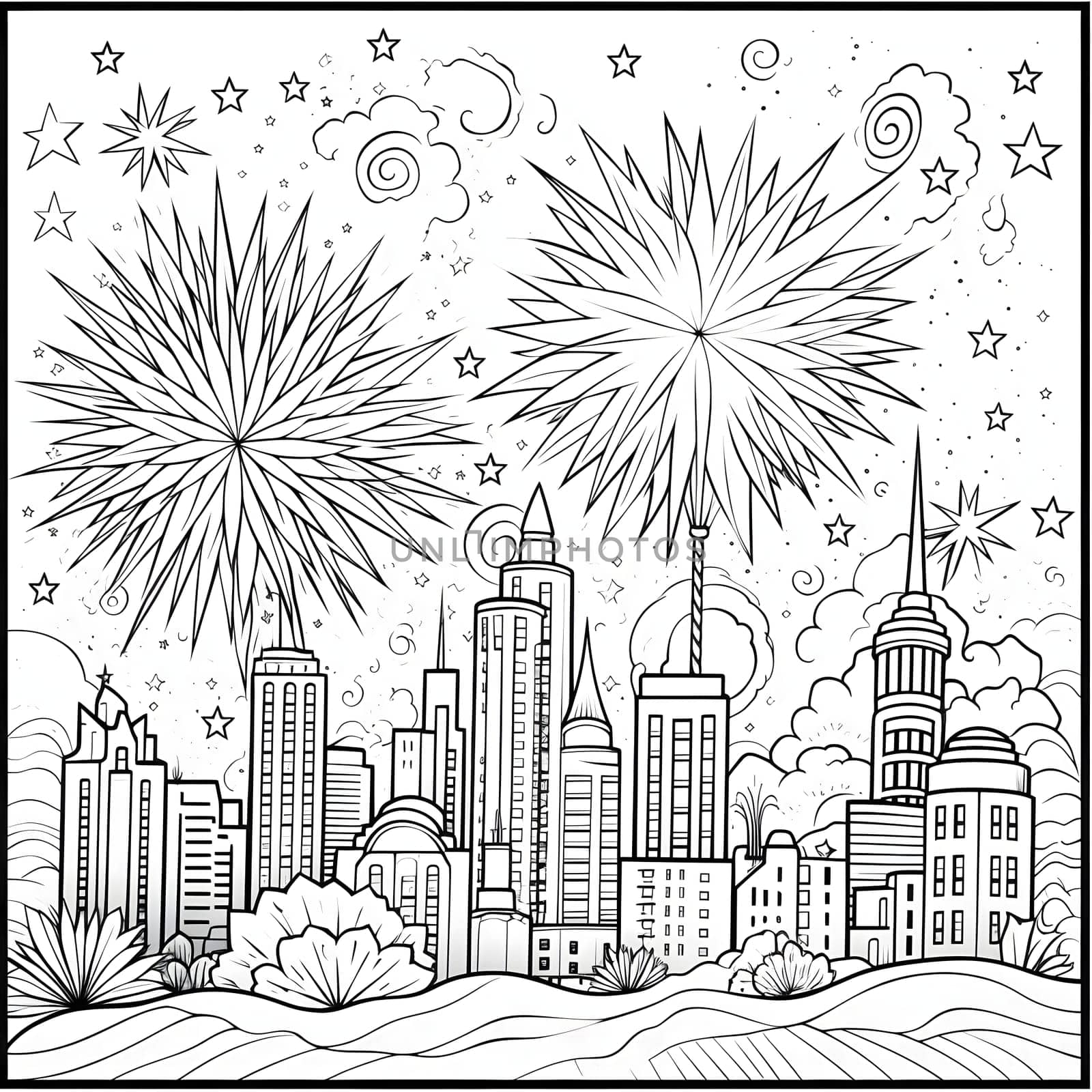 Urban skyscrapers and fireworks shooting in the sky. Black and White coloring sheet. New Year's fun and festivities. A time of celebration and resolutions.