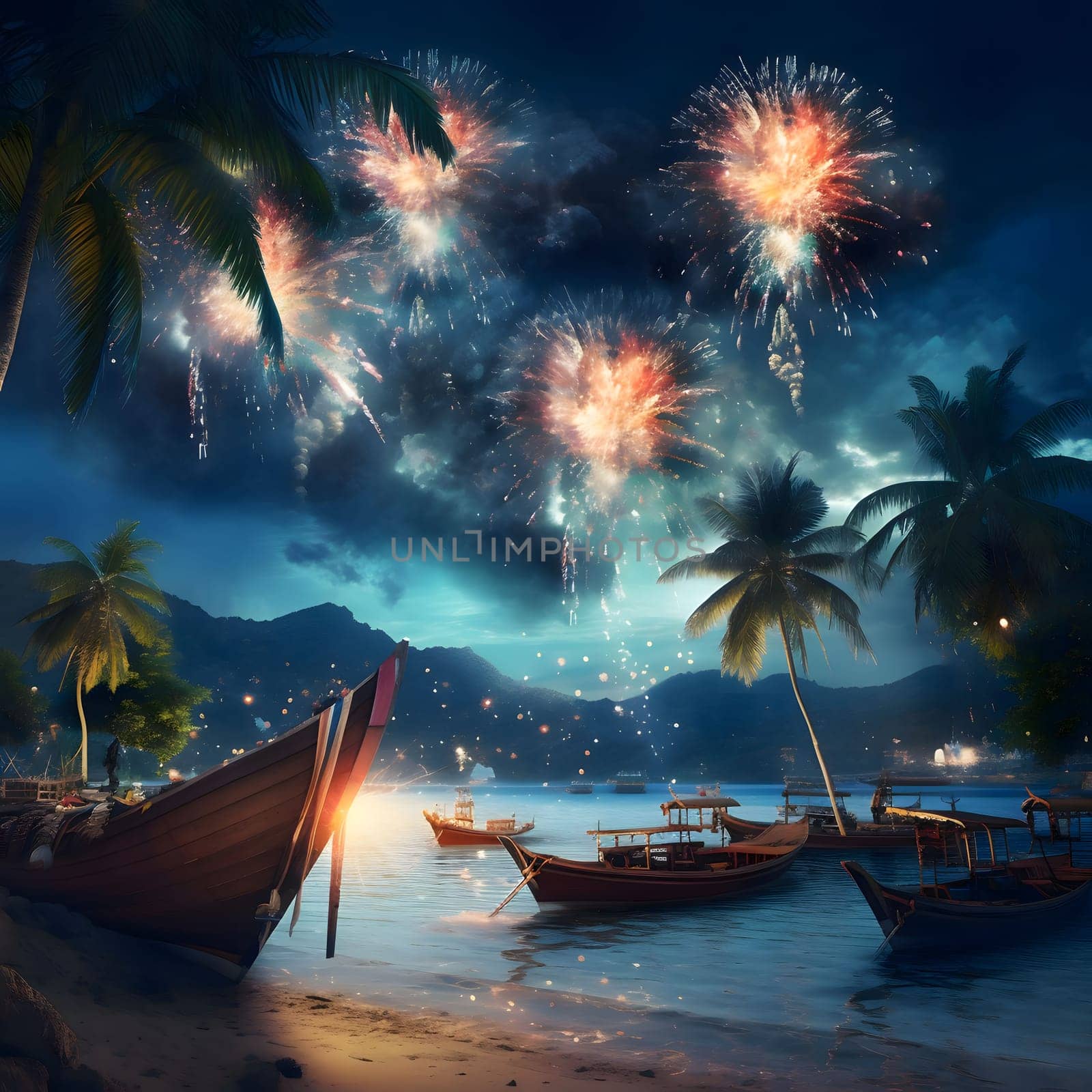 Fireworks show on the beach with empty boats. New Year's fun and festivities. A time of celebration and resolutions.