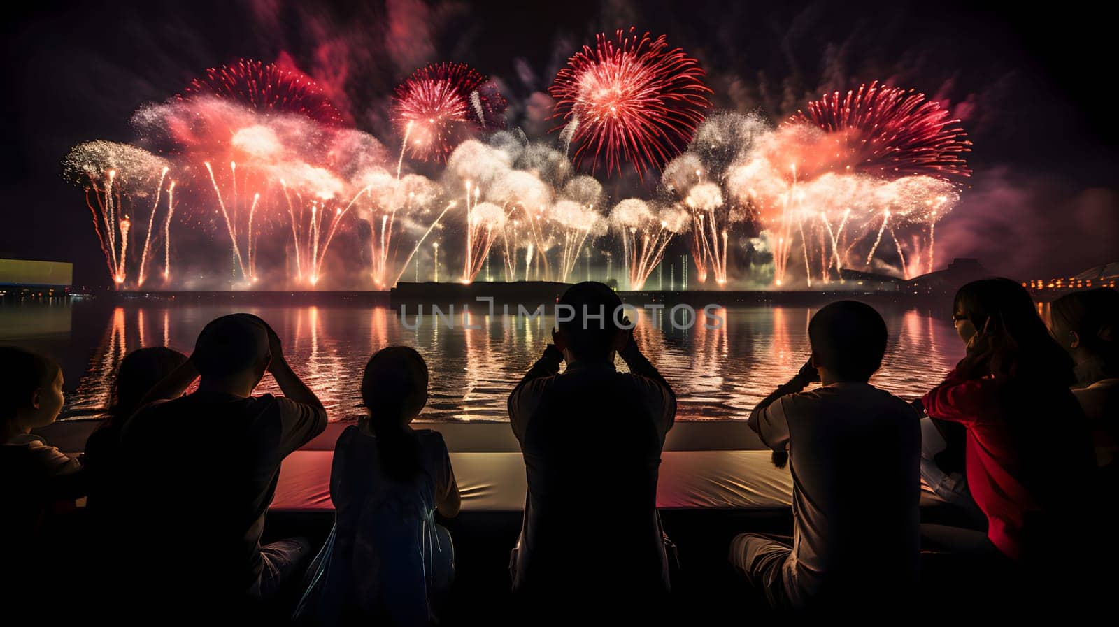 A group of people watching a display of colorful fireworks over the water. New Year's fun and festivities. A time of celebration and resolutions.