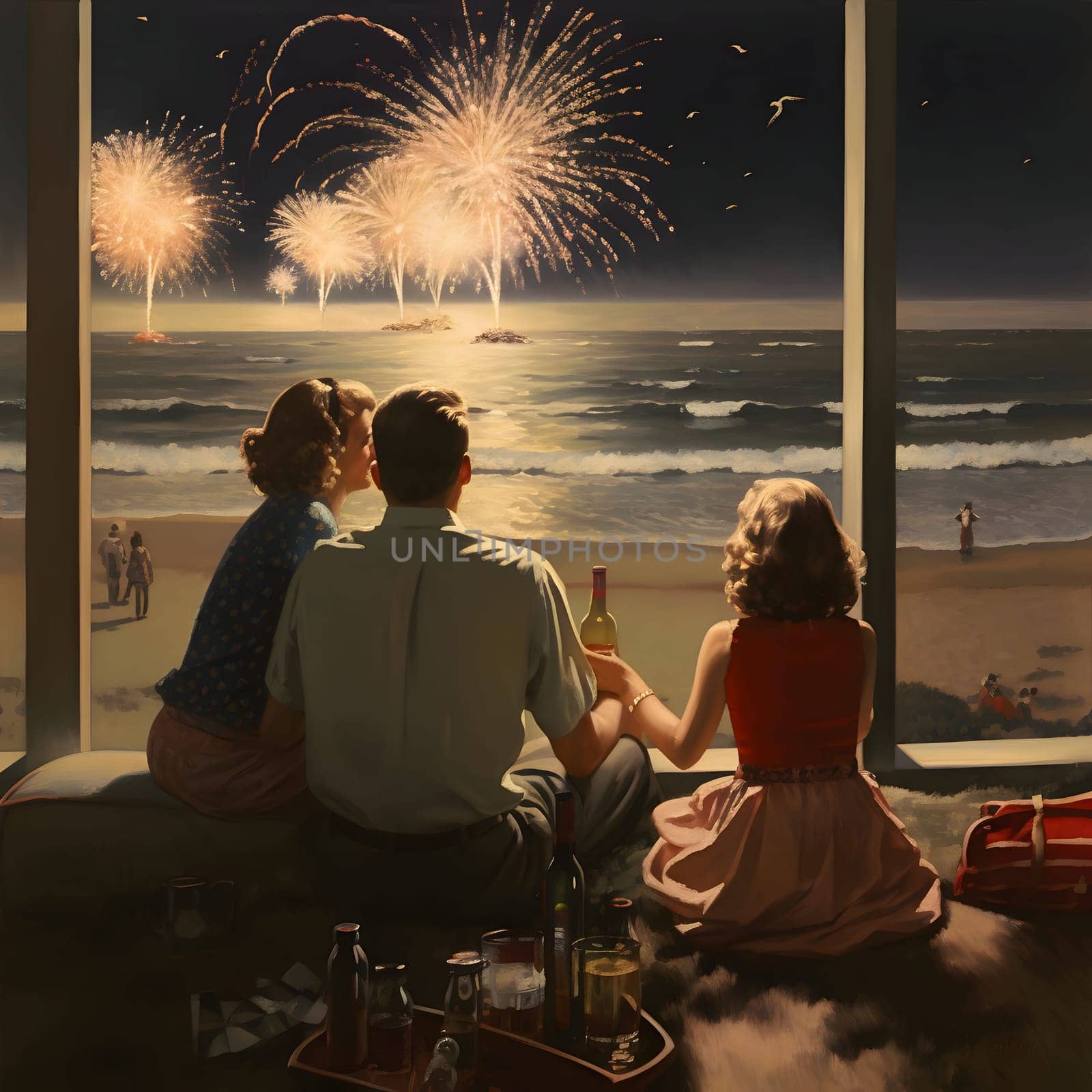 A 1930s-style family with champagne on the beach watching a fireworks display. New Year's fun and festivities. A time of celebration and resolutions.