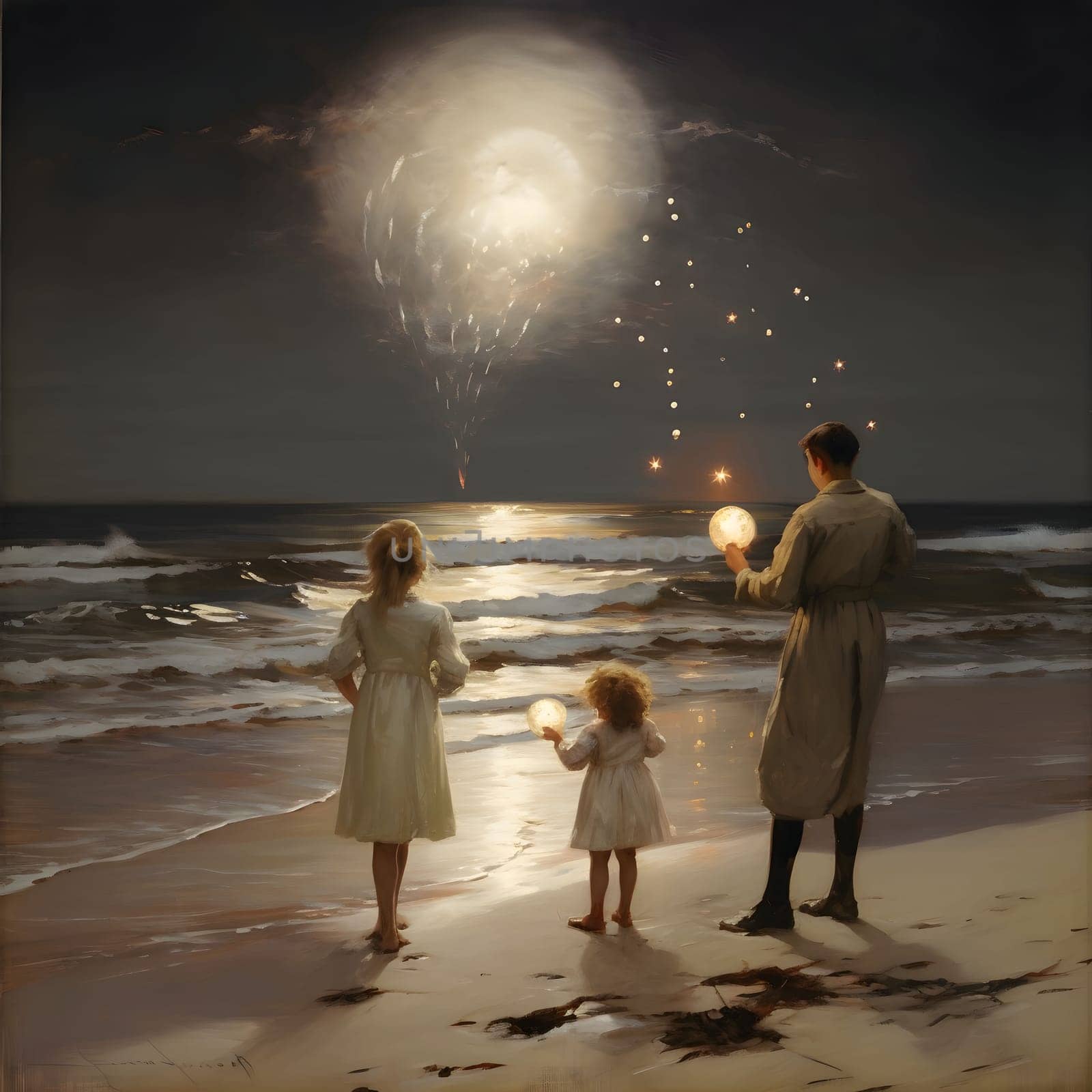 Three children in traditional costumes on the beach, fireworks show. New Year's fun and festivities. A time of celebration and resolutions.