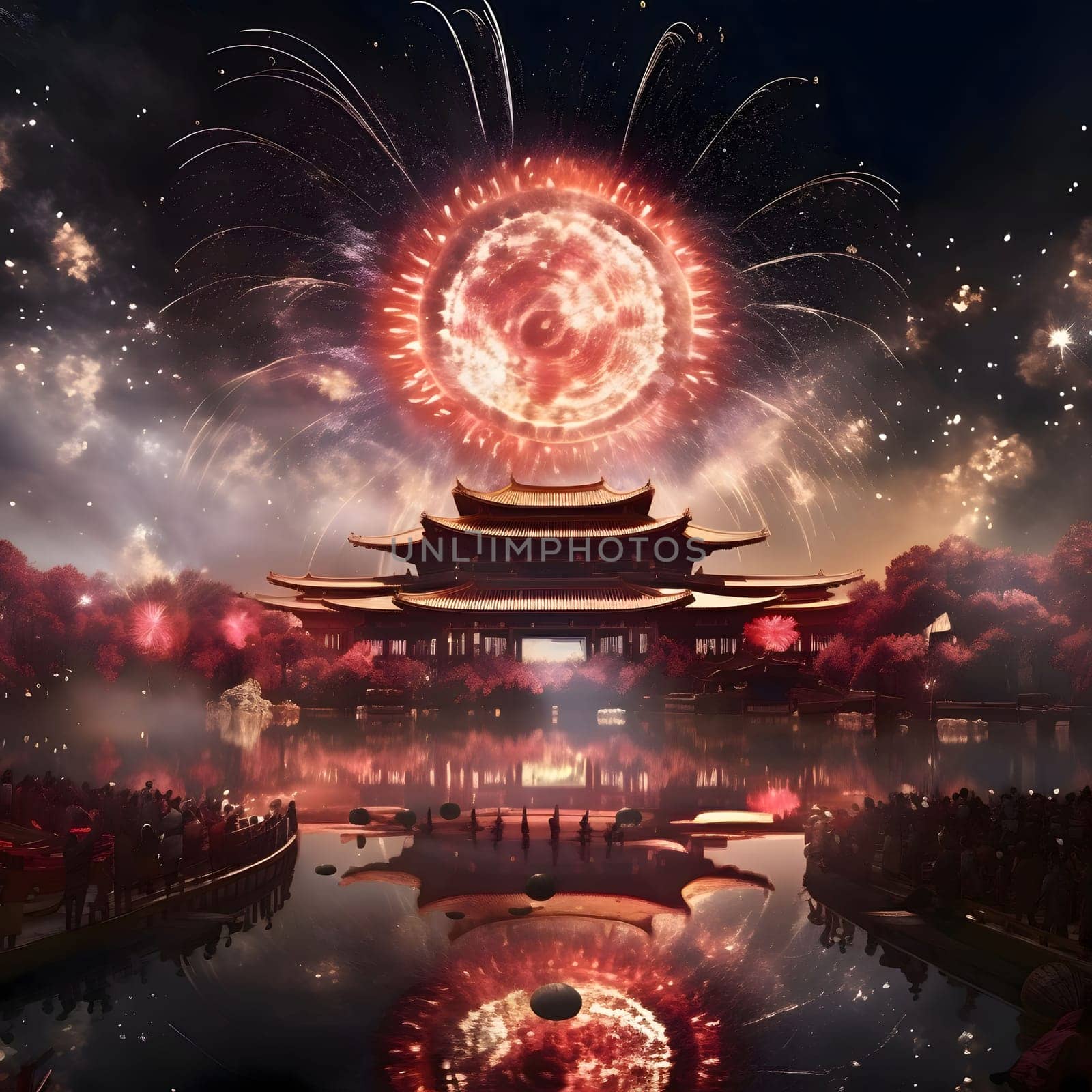 Gathered residents around a Chinese temple watching a fireworks display. New Year's fun and festivities. A time of celebration and resolutions.