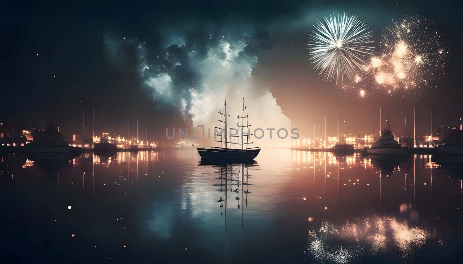 Flowing ships and firing of colorful fireworks against the night sky. New Year's fun and festivities. A time of celebration and resolutions.