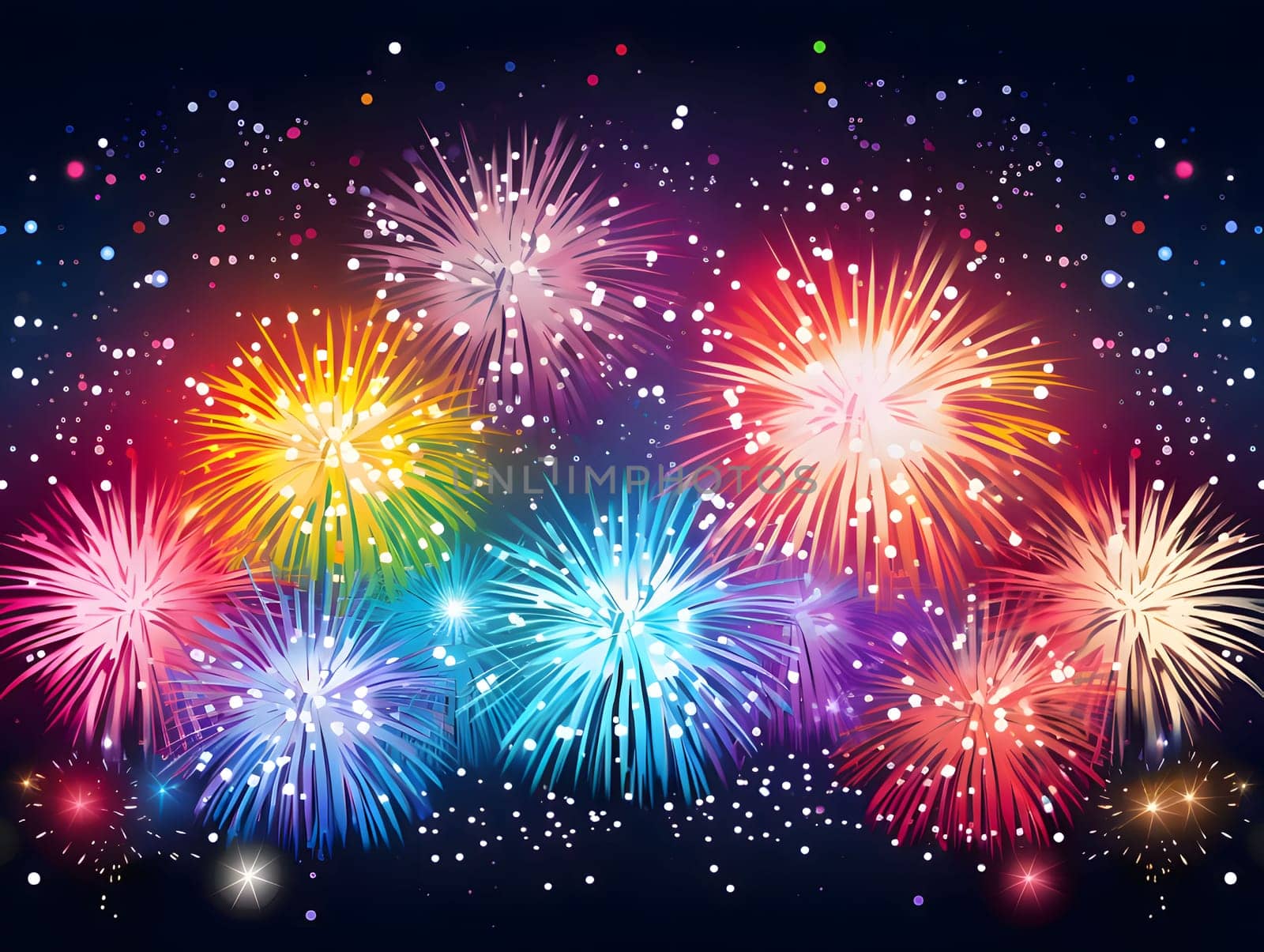 Colorful fireworks, explosions in the night sky. New Year's fun and festivities. A time of celebration and resolutions.