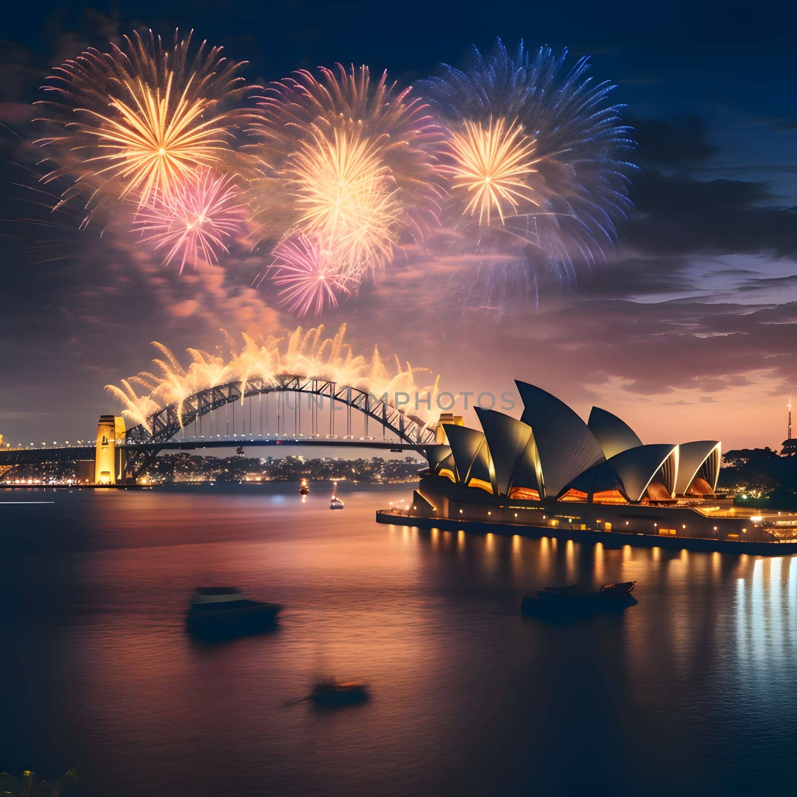 Sydney Opera House and explosions of colorful fireworks against the night sky. New Year's fun and festivities. by ThemesS