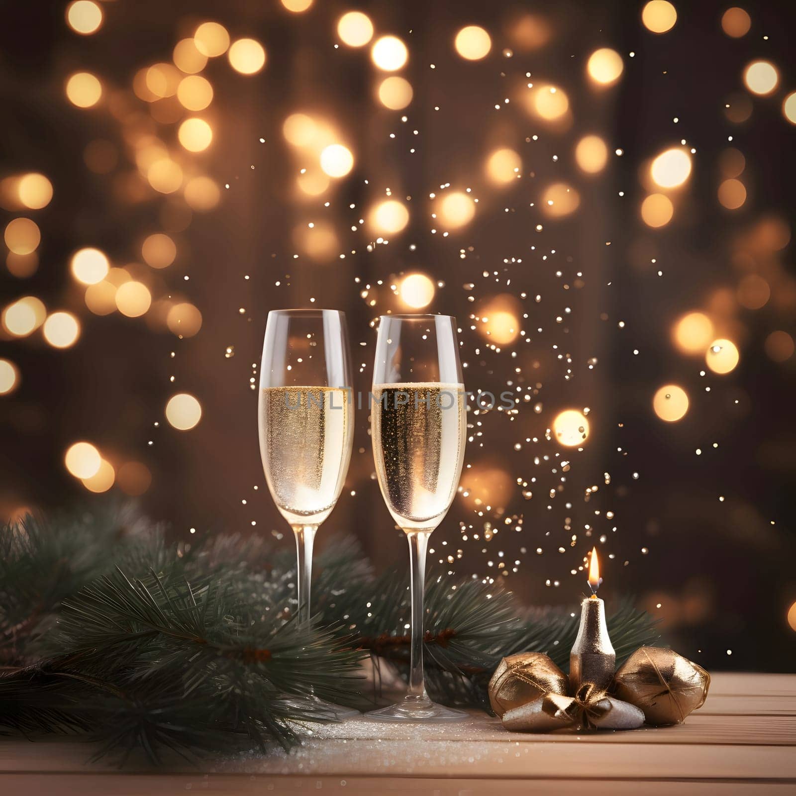 Two champagne glasses, spruce branches and a candle and bokeh effect in the background. New Year's fun and festivities. A time of celebration and resolutions.