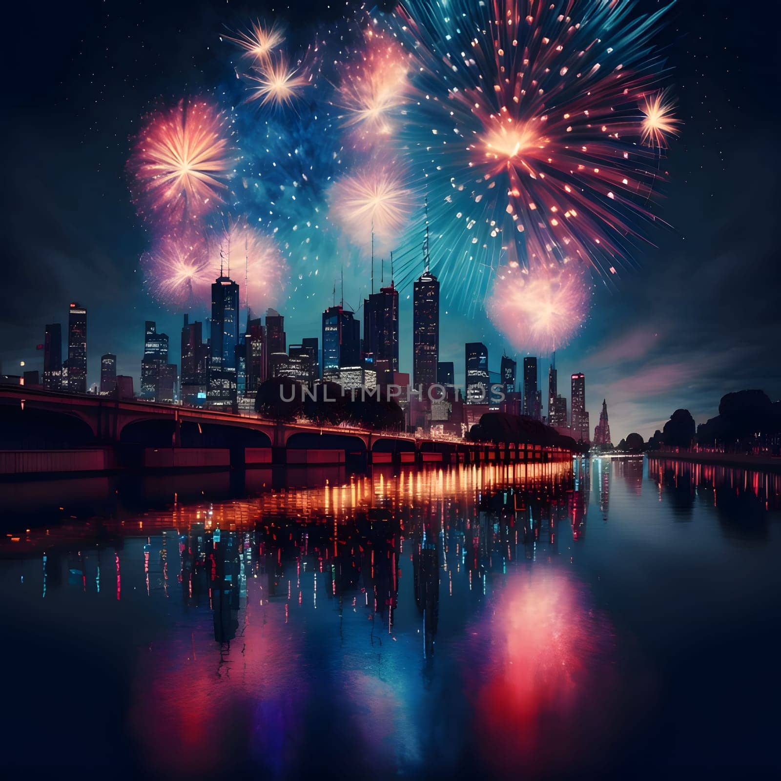 Colorful fireworks, explosions in the night sky, around the city skyscrapers and the lake. New Year's fun and festivities. A time of celebration and resolutions.