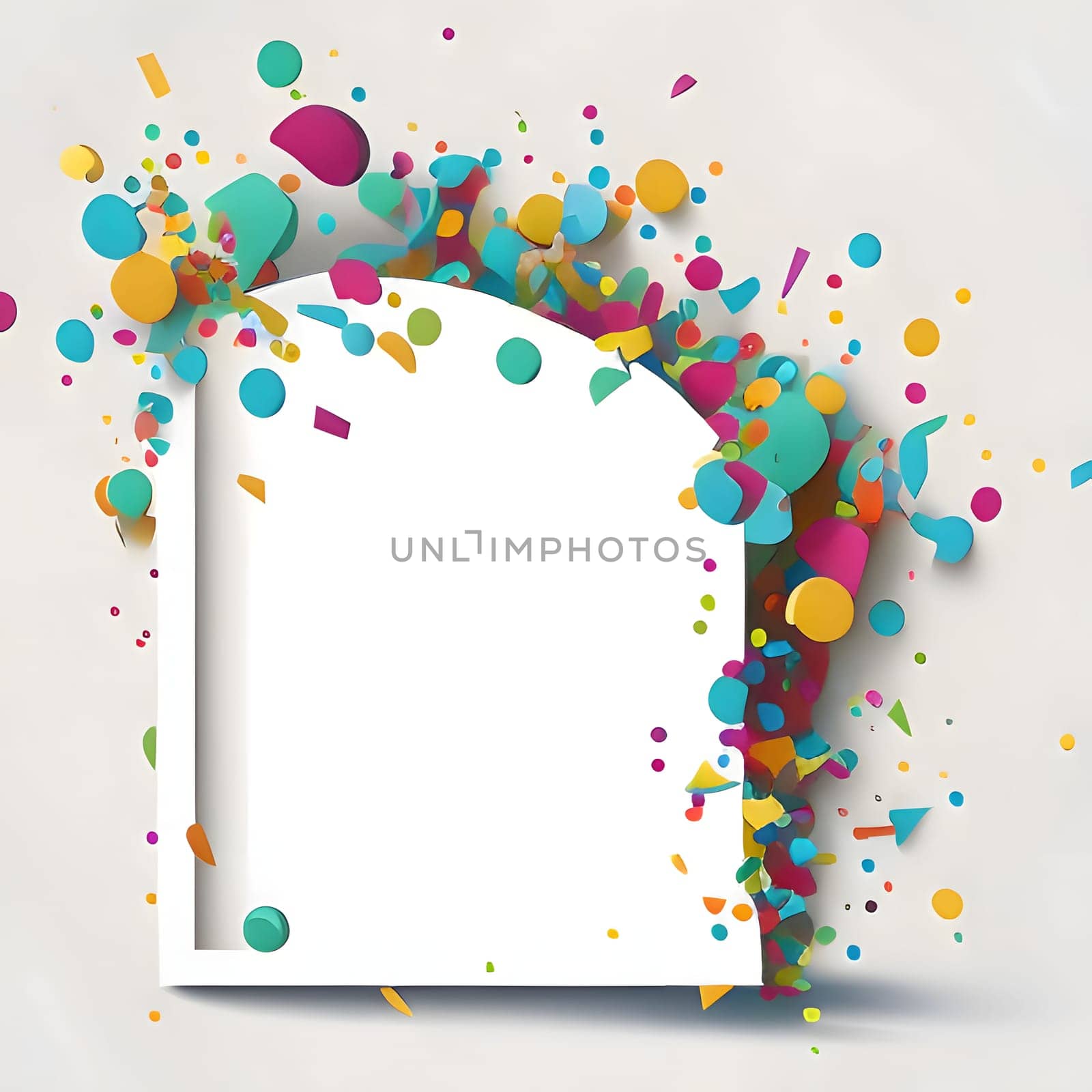 White blank card with space for your own content, around colored confetti. New Year fun and festivities.