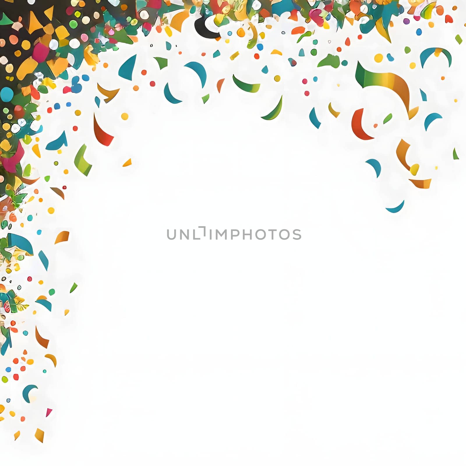 White blank card with space for your own content, around colored confetti. New Year fun and festivities.