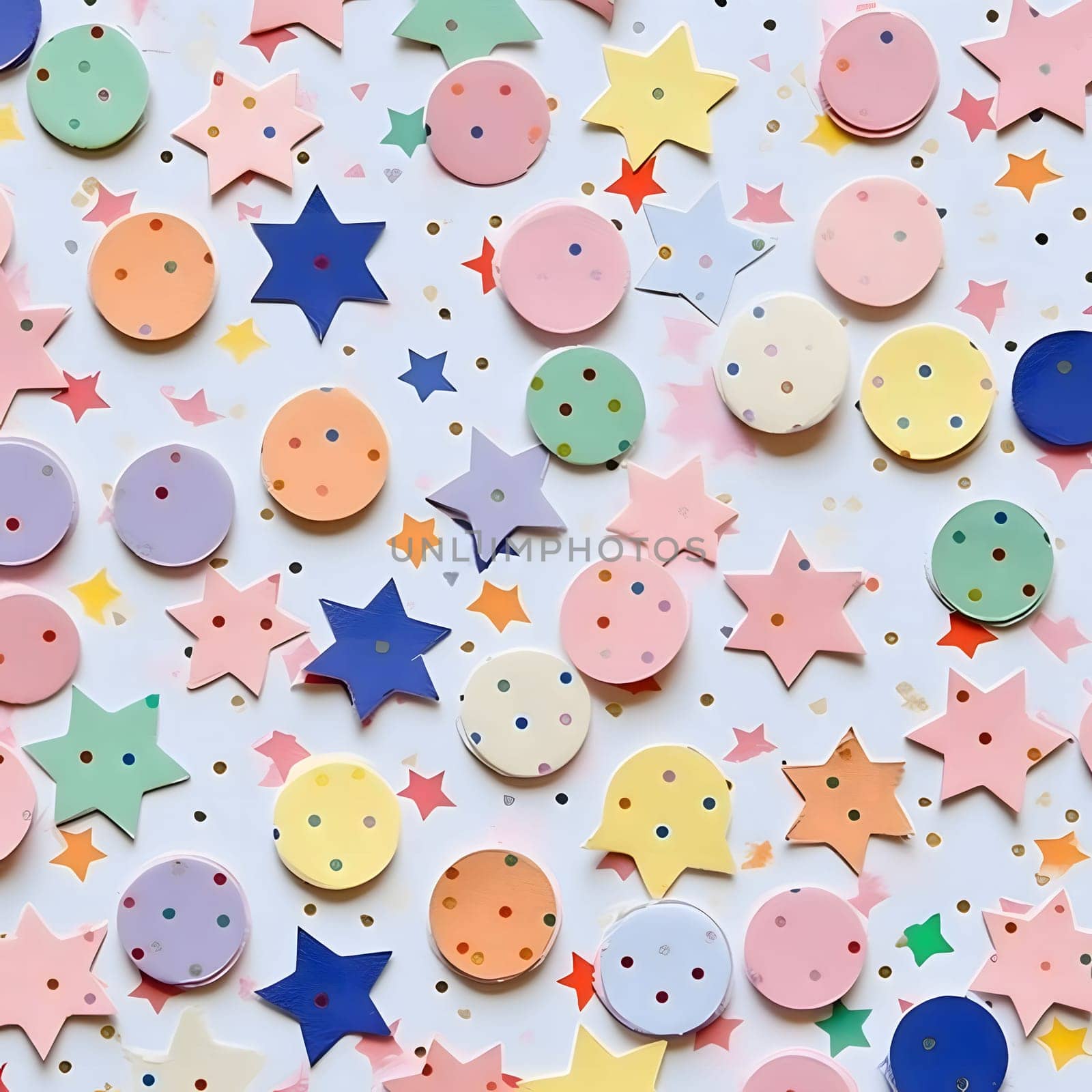 Colorful stars and circles and tiny confetti on a white background. New Year's party and celebrations. A time of celebration and resolutions.