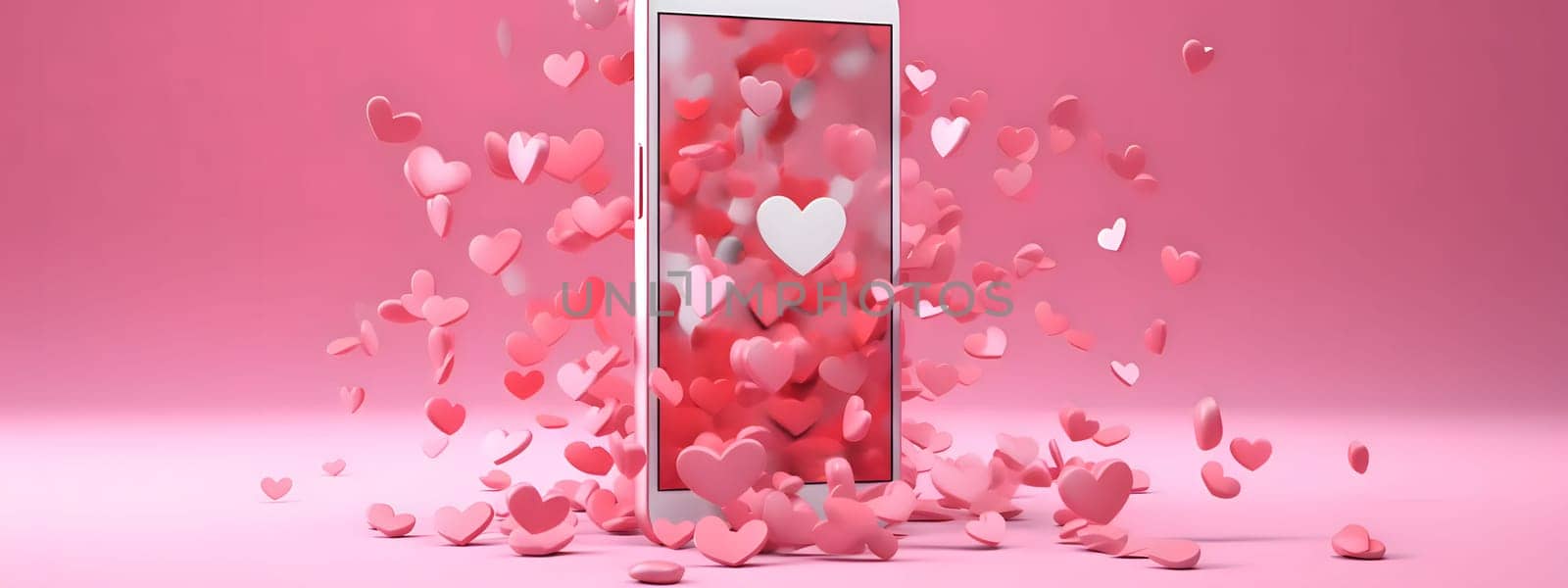 White smartphone with hearts in the shape of confetti. New Year's party and celebrations. A time of celebration and resolutions.