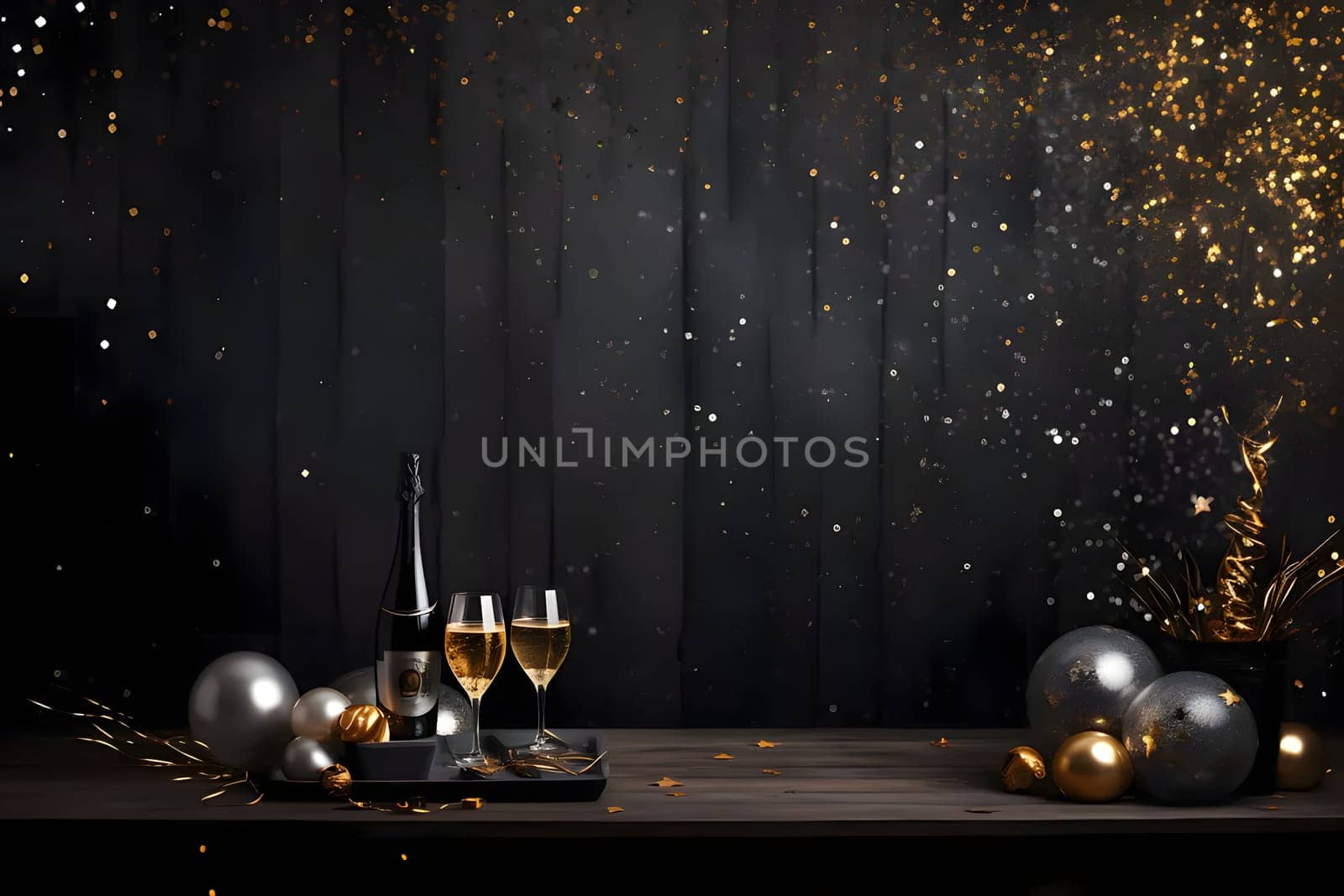 Champagne bottle, two champagne glasses around colorful balloons with gold confetti in the background.Christmas background, banner with space for your own content. Blank space for the inscription.