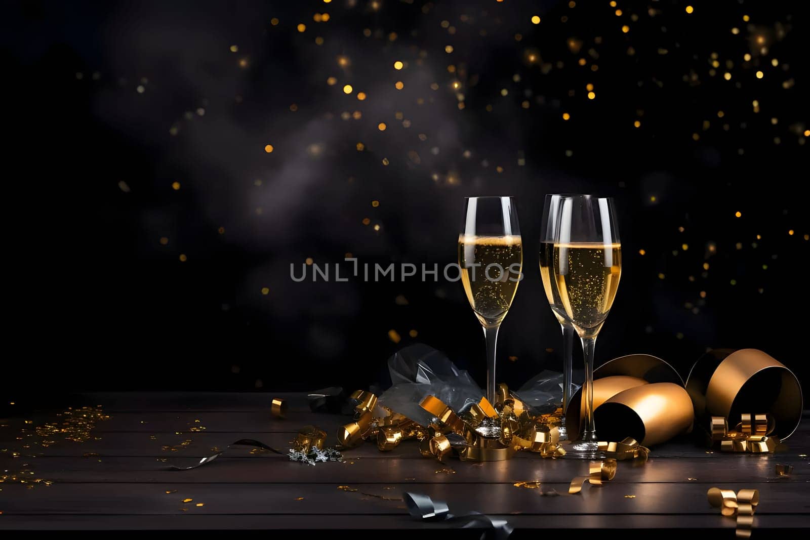 Champagne glasses, golden streamers and confetti in the background.New Year's Eve background, banner with space for your own content. Blank space for the inscription.