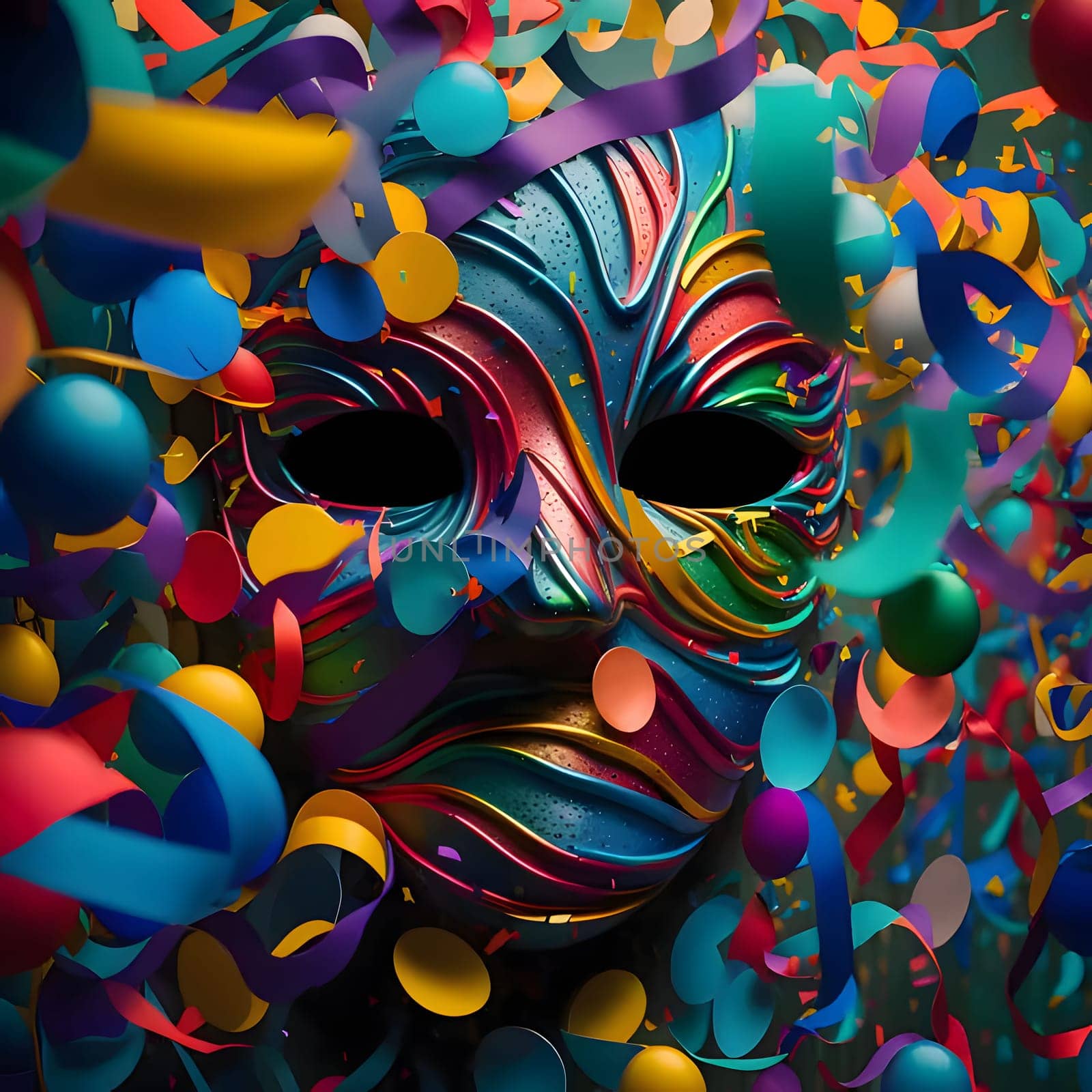 Carnival mask all around colorful rainbow confetti and streamers. New Year's party and celebrations. A time of celebration and resolutions.