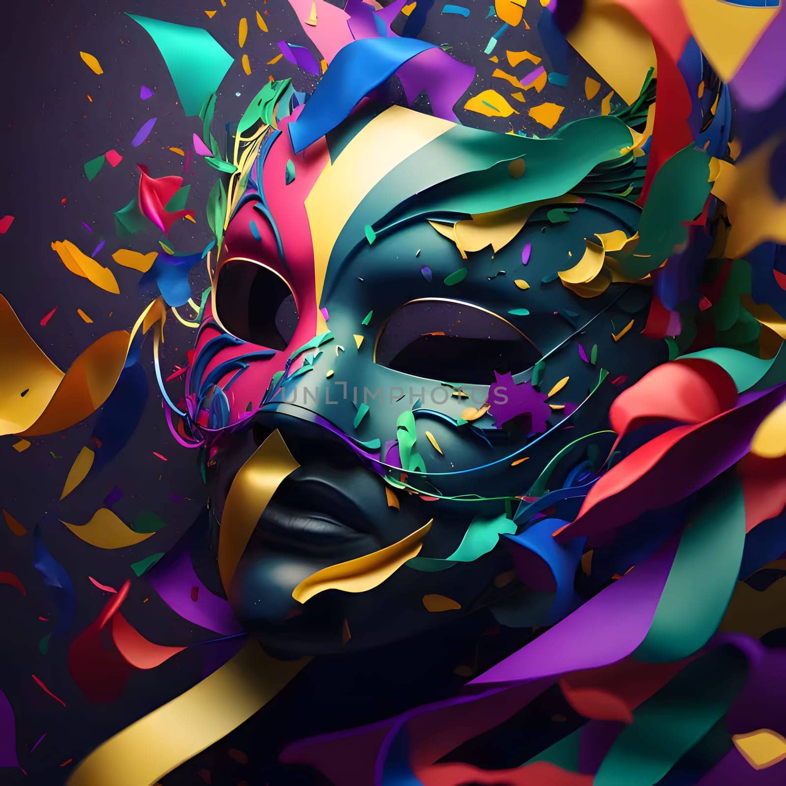 Carnival mask all around colorful rainbow confetti and streamers. New Year's party and celebrations. A time of celebration and resolutions.