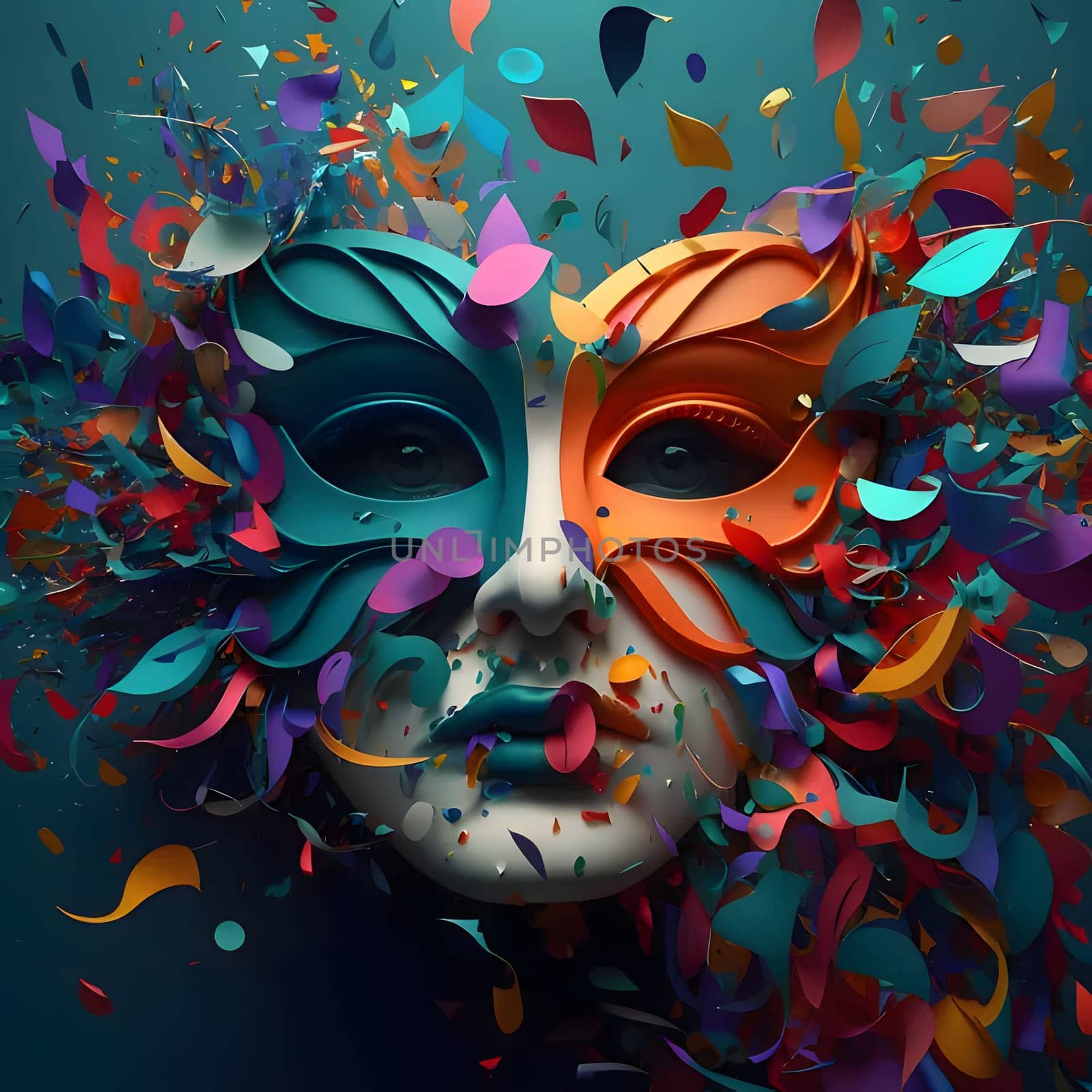 Carnival mask all around colorful rainbow confetti and streamers. New Year's party and celebrations. A time of celebration and resolutions.