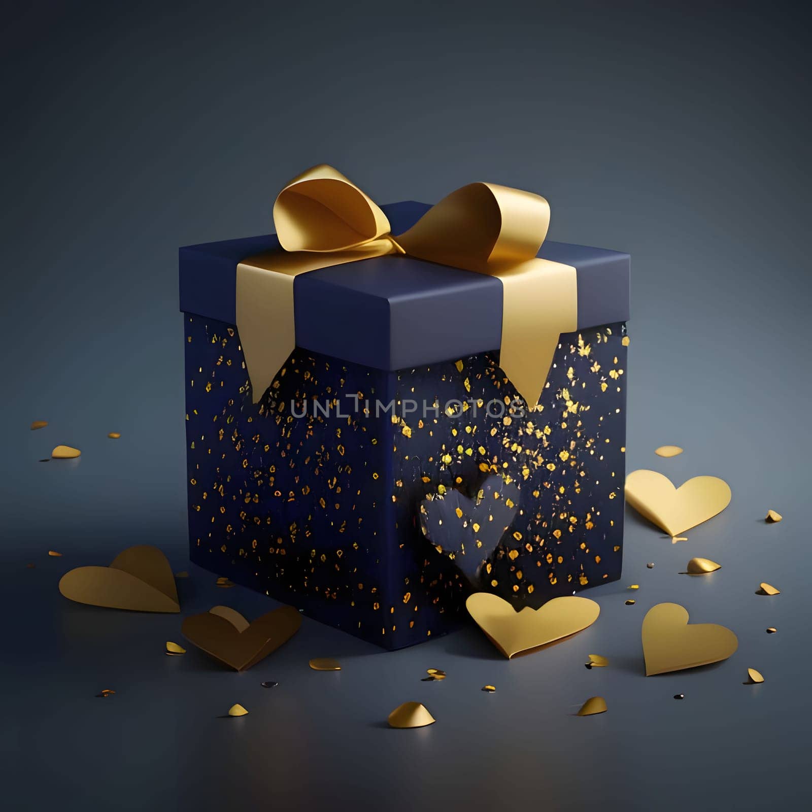 Gift with a bow, around gold hearts, confetti, uniform bright background. New Year's party and celebrations. A time of celebration and resolutions.
