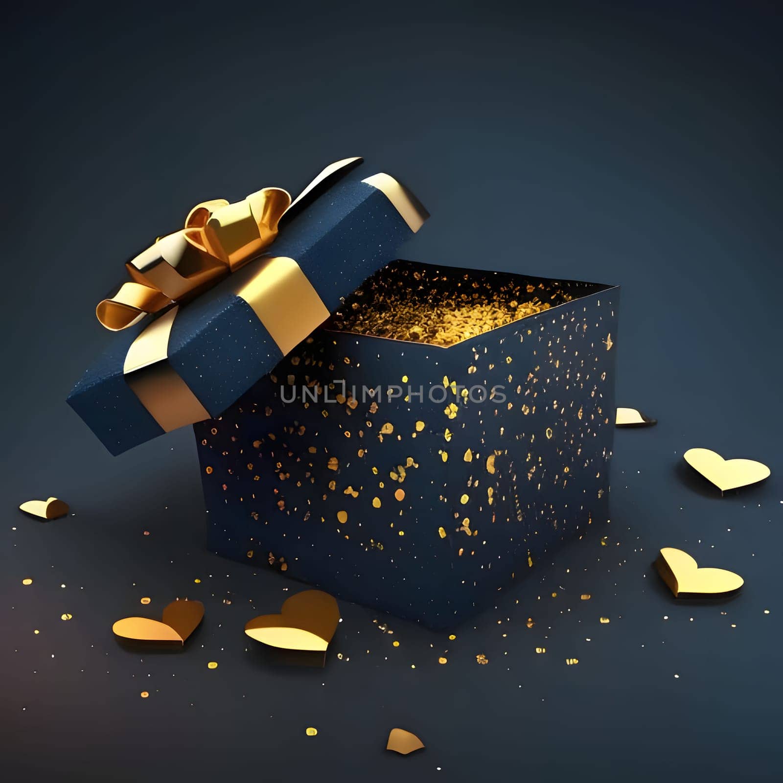 Gift with a bow, around gold hearts, confetti, uniform bright background. New Year's party and celebrations. A time of celebration and resolutions.