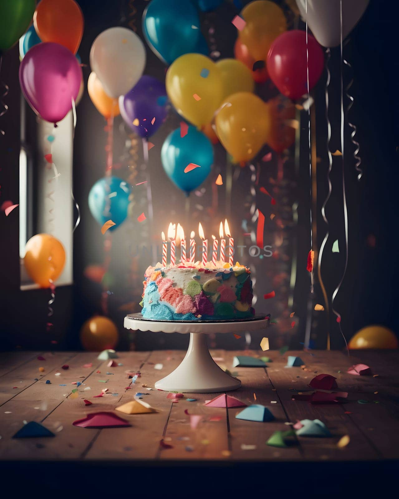 Cake with candles on a wooden table top around balloons, confetti streamers. New Year's party and celebrations. A time of celebration and resolutions.