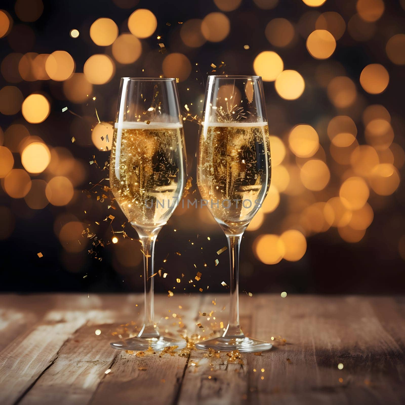 Two champagne glasses on a wooden table top, confetti in the background, warm bokeh effect.New Year's Eve background, banner with space for your own content. Blank space for the inscription.