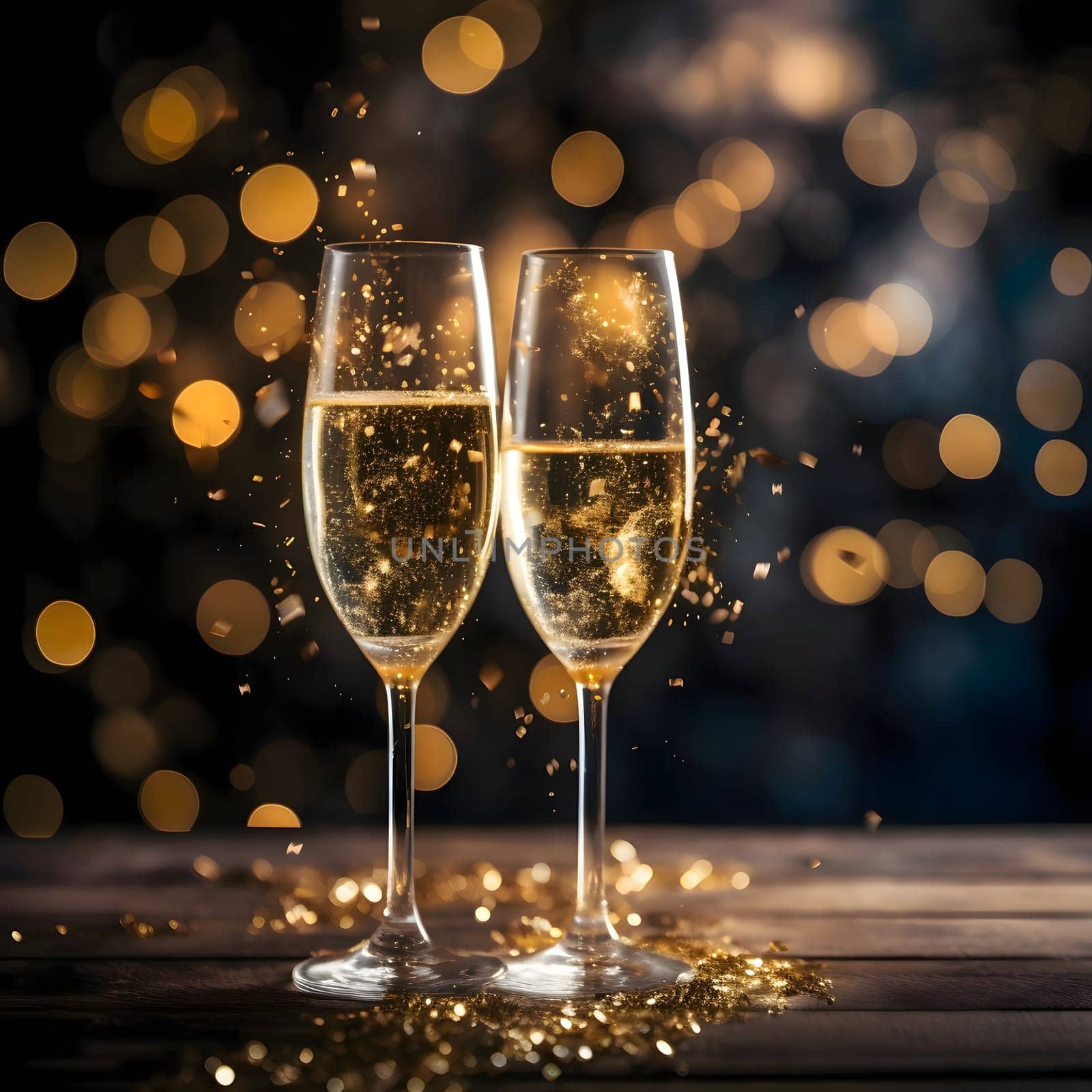 Two champagne glasses on a wooden table top, confetti in the background, warm bokeh effect.New Year's Eve background, banner with space for your own content. Blank space for the inscription.
