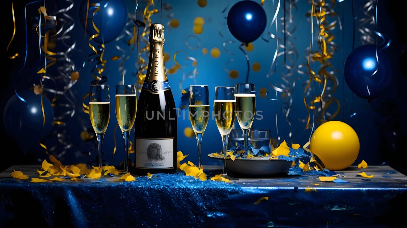 Bottle and glasses, champagne balloons streamers and confetti on the table. New Year's party. New Year's party and celebrations. A time of celebration and resolutions.