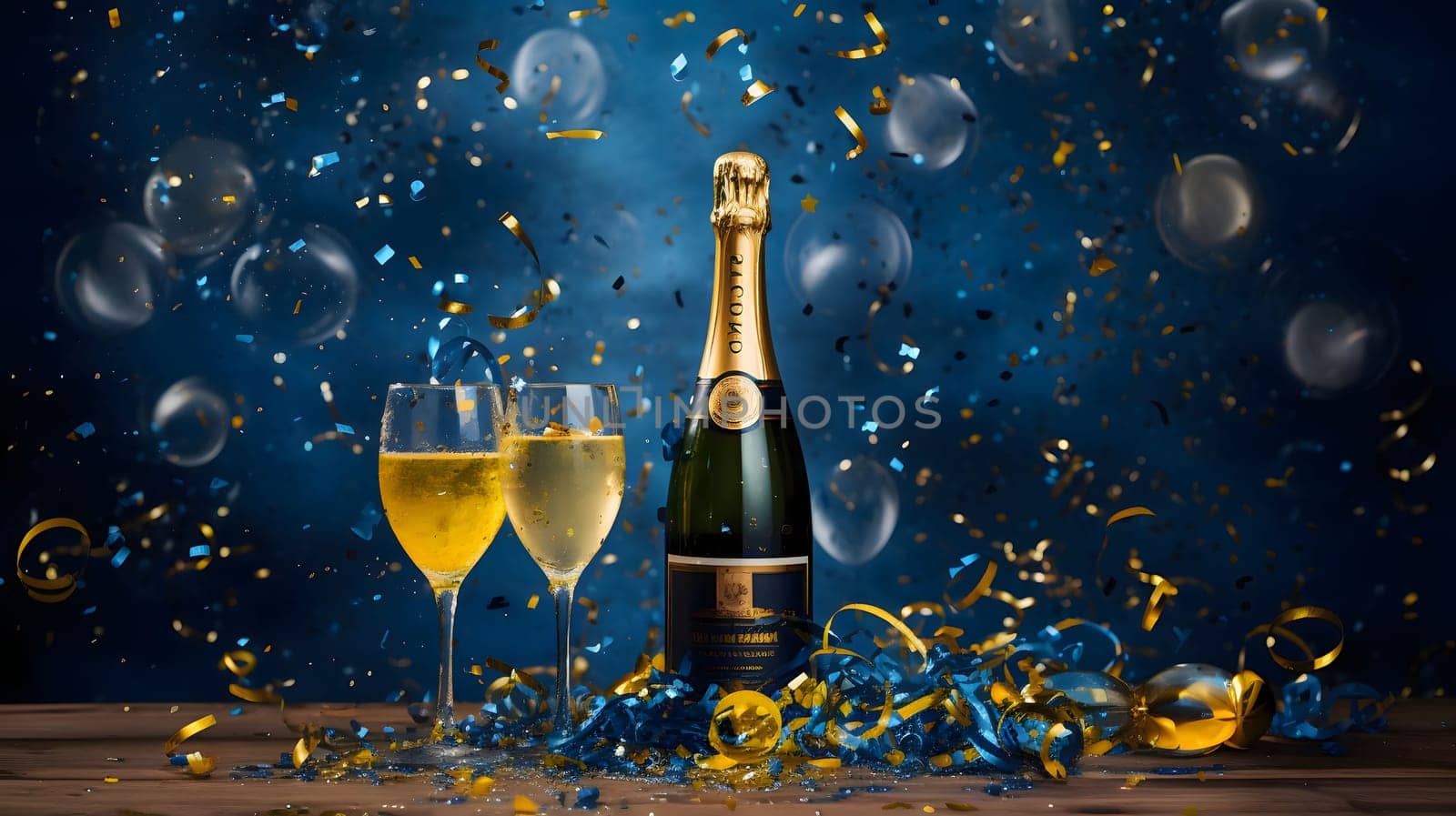 Bottle and glasses, champagne balloons streamers and confetti on the table. New Year's party. New Year's party and celebrations. A time of celebration and resolutions.