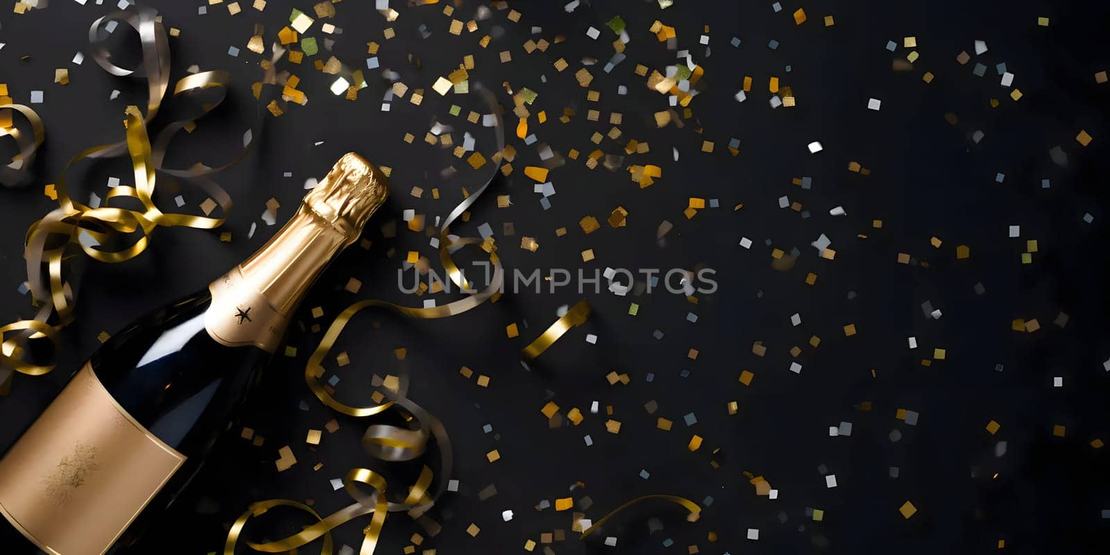 Champagne bottle lying on streamers and golden confetti, top view. New Year's party and celebrations. A time of celebration and resolutions.