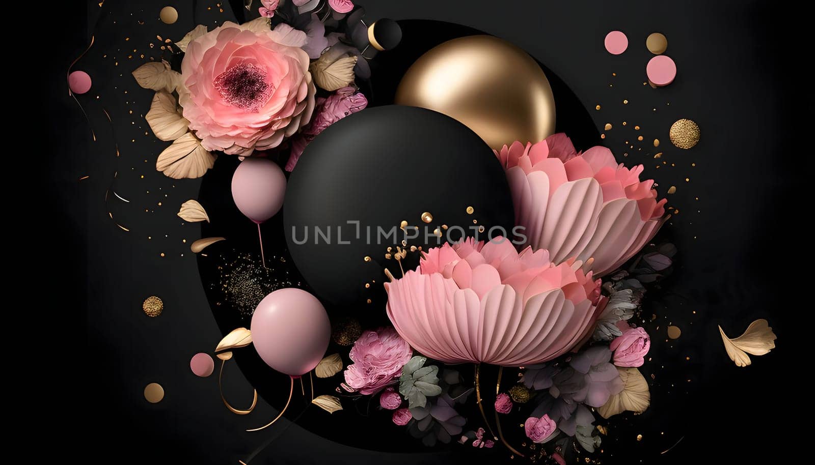 Abstract Gold, Black and pink balls, confetti pink flowers, black background. New Year's party and celebrations. A time of celebration and resolutions.