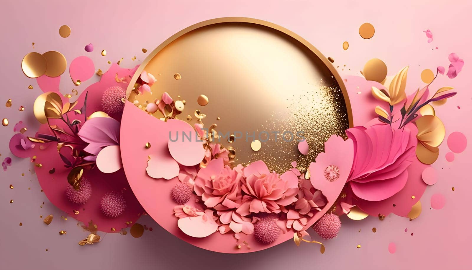 Christmas frame around pink flowers and confetti bright background. New Year's party and celebrations. A time of celebration and resolutions.