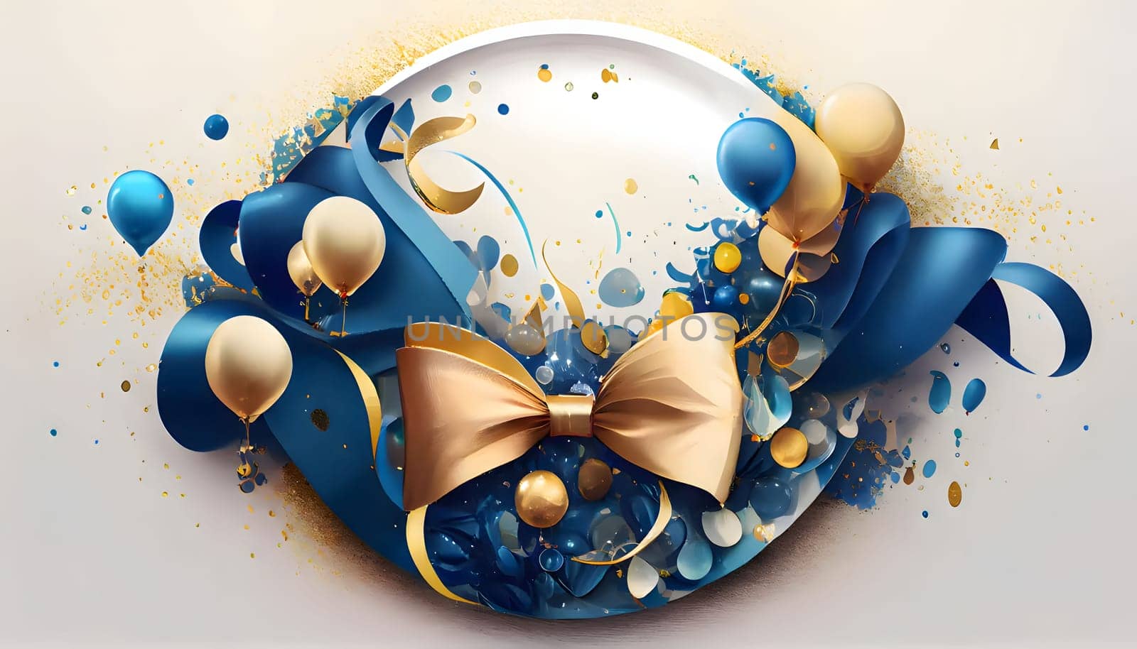 Christmas frame around balloons, bow and confetti bright background. New Year's party and celebrations. A time of celebration and resolutions.