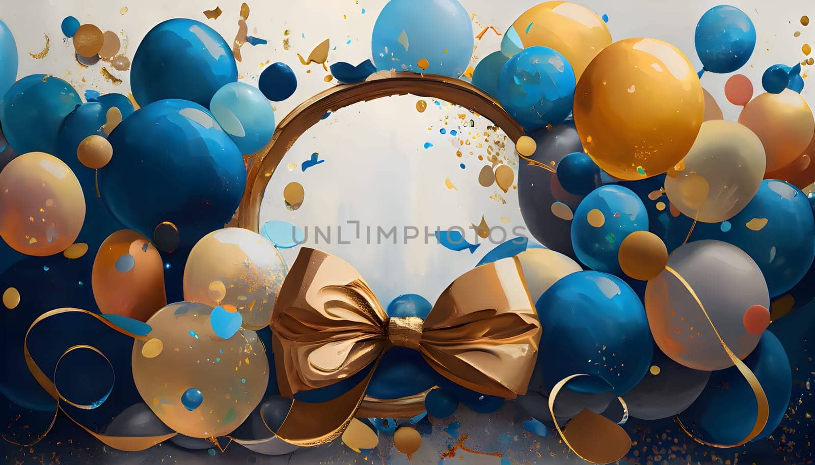 Christmas frame around balloons, bow and confetti bright background. New Year's party and celebrations. A time of celebration and resolutions.