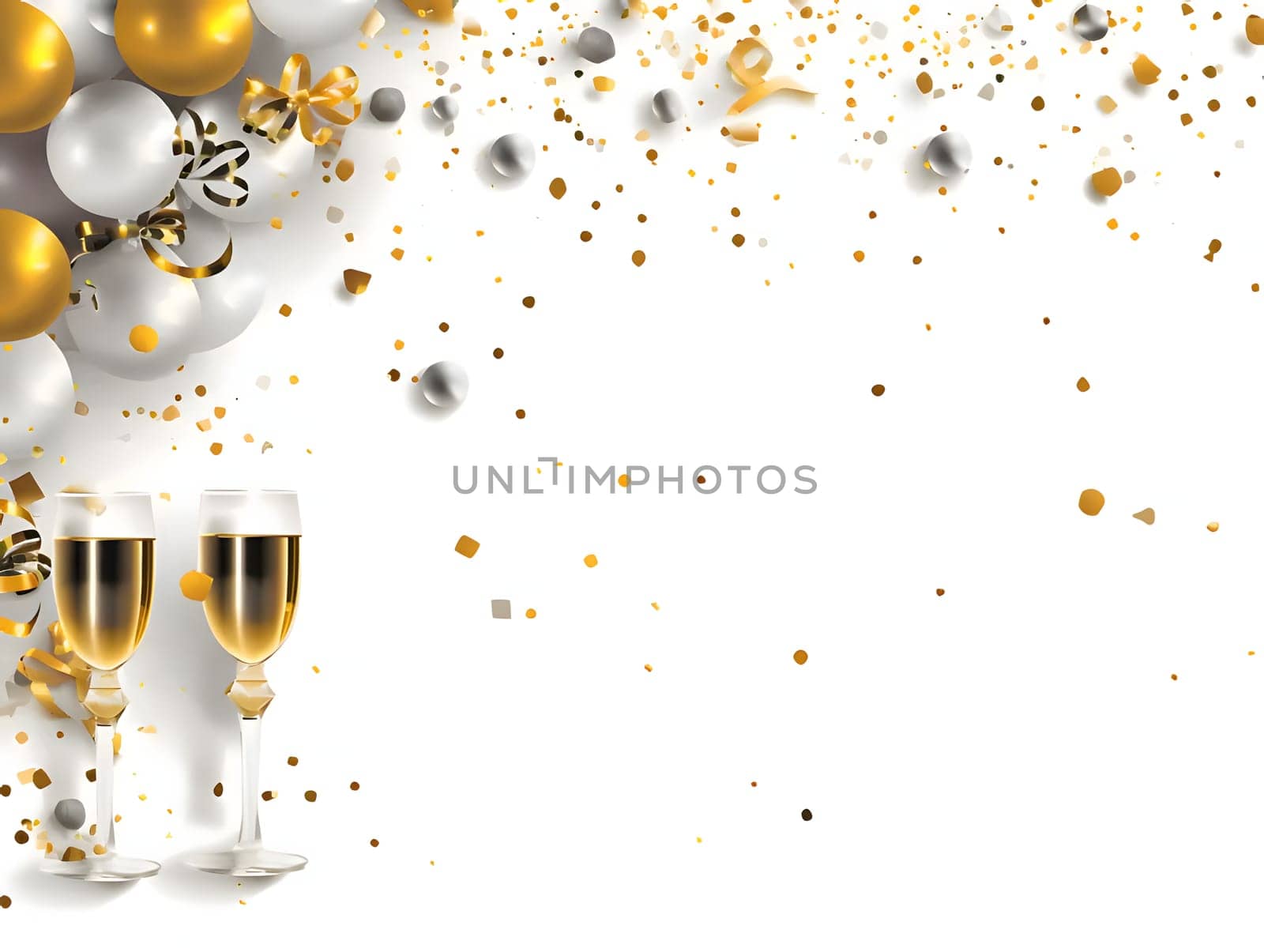 White, gold balloons, confetti streamers and two champagne glasses.New Year's Eve background, banner with space for your own content. Blank space for the inscription.