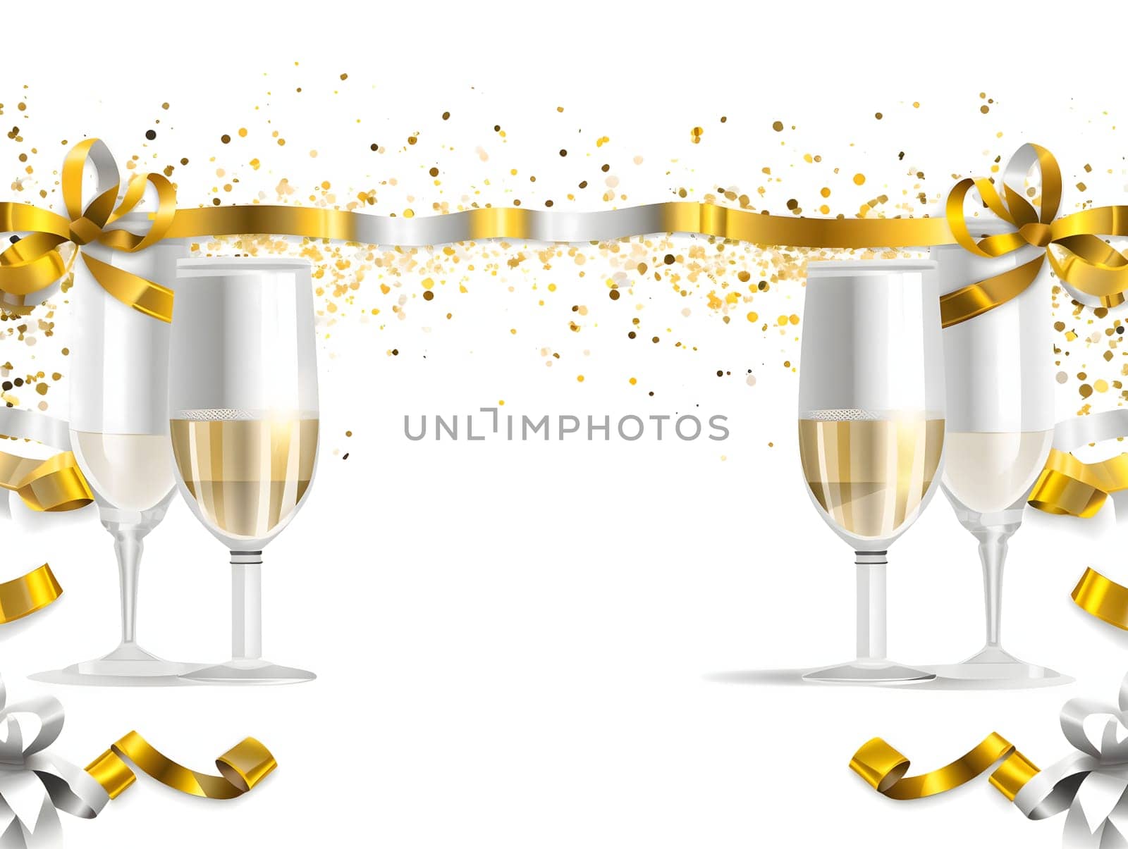 Gold and silver streamers and four champagne glasses on a white background.New Year's Eve background, banner with space for your own content. Blank space for the inscription.